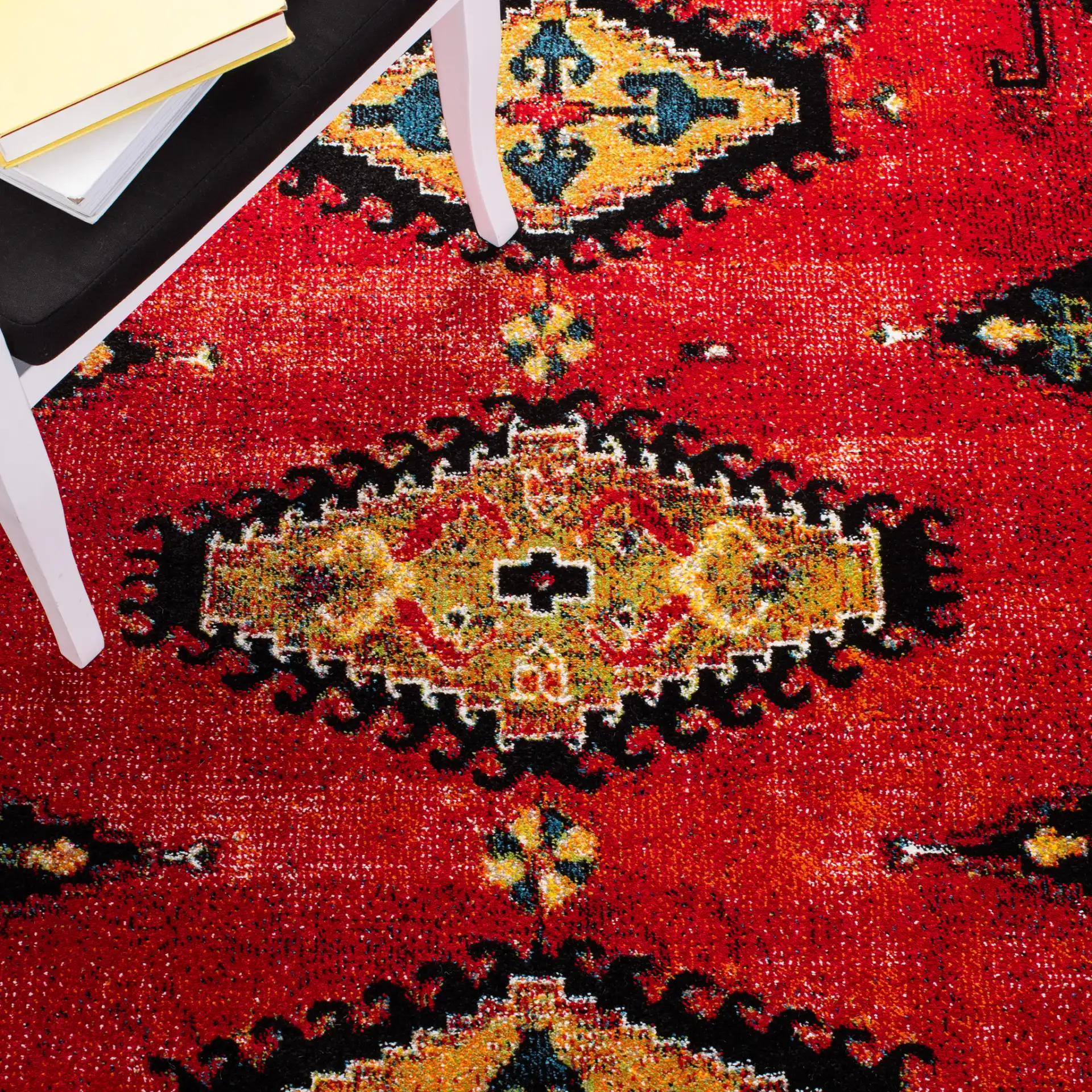 Vintage Hamadan Stepped Diamond Rug in Red / Black in a styled room