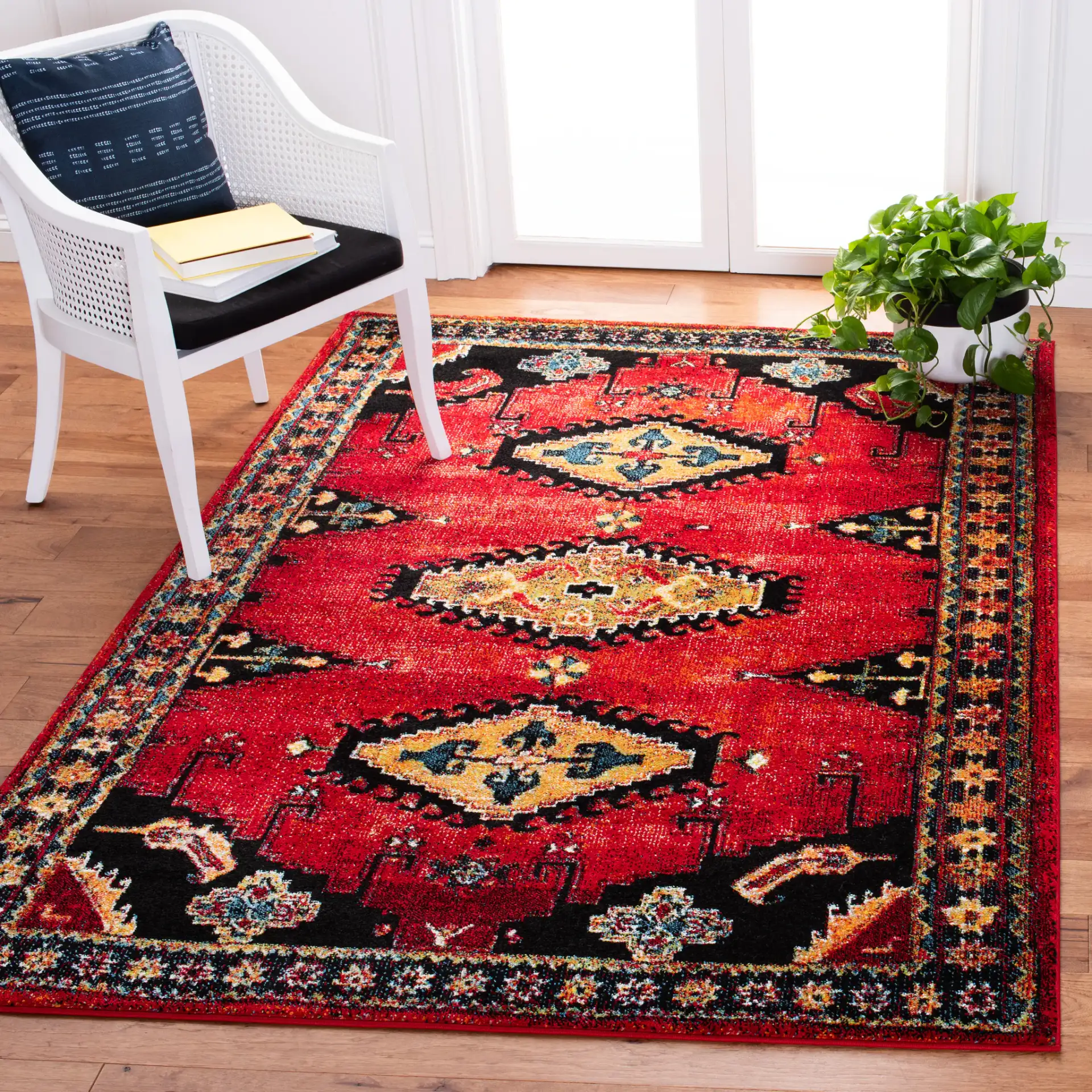 Vintage Hamadan Stepped Diamond Rug in Red / Black in a styled room