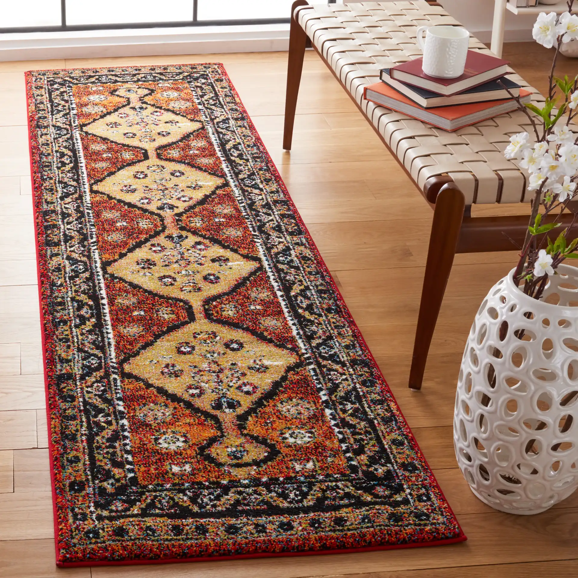 Vintage Hamadan Tribal Diamond Rug in Rust / Gold in a styled room