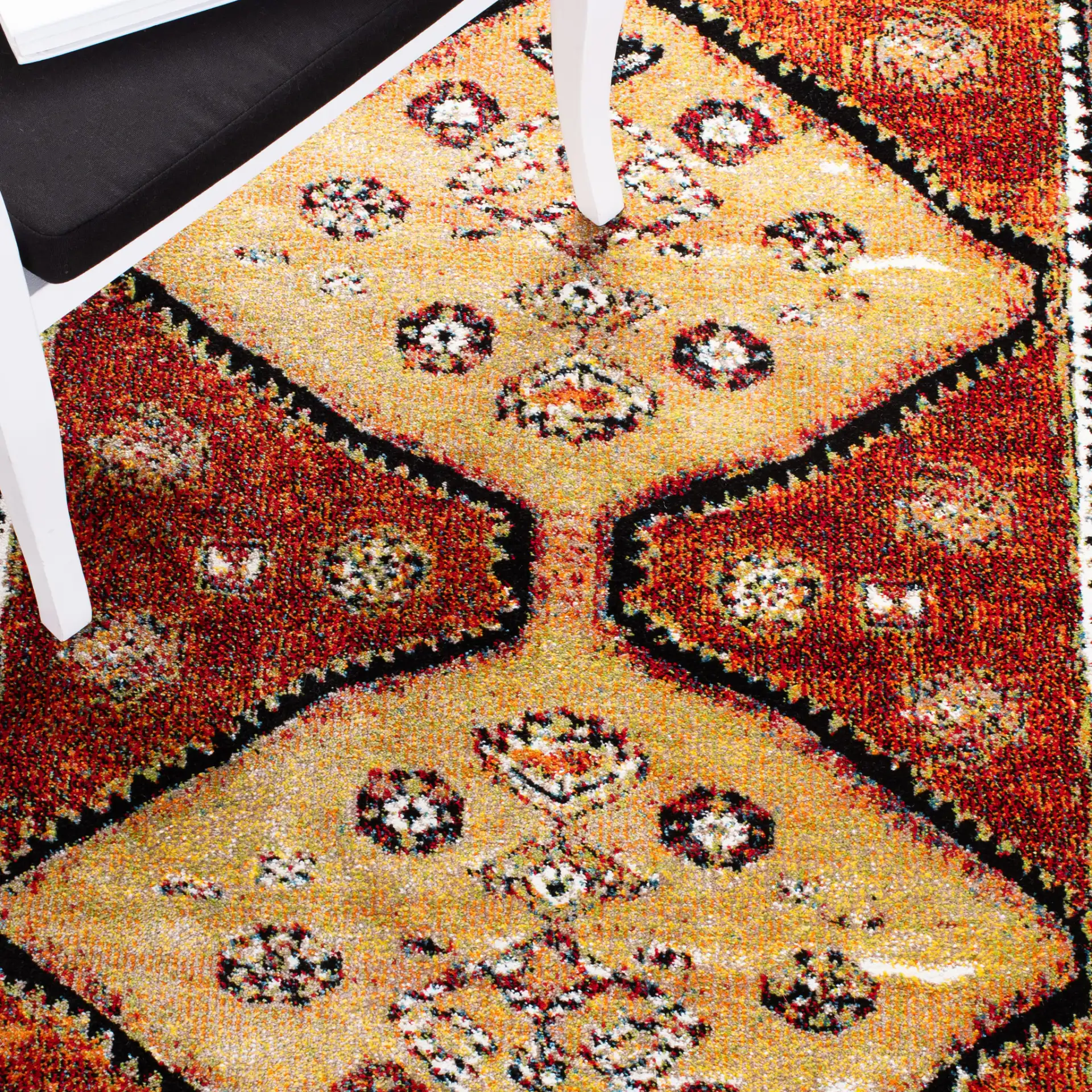 Vintage Hamadan Tribal Diamond Rug in Rust / Gold in a styled room