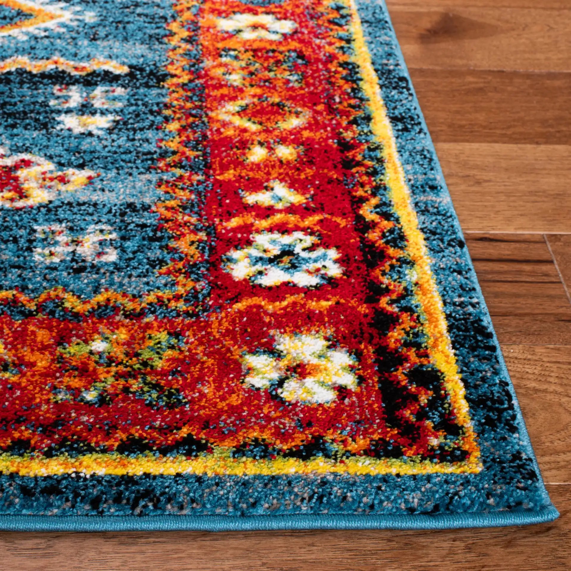 Vintage Hamadan Southwestern Medallion Rug in Blue / Orange in a styled room
