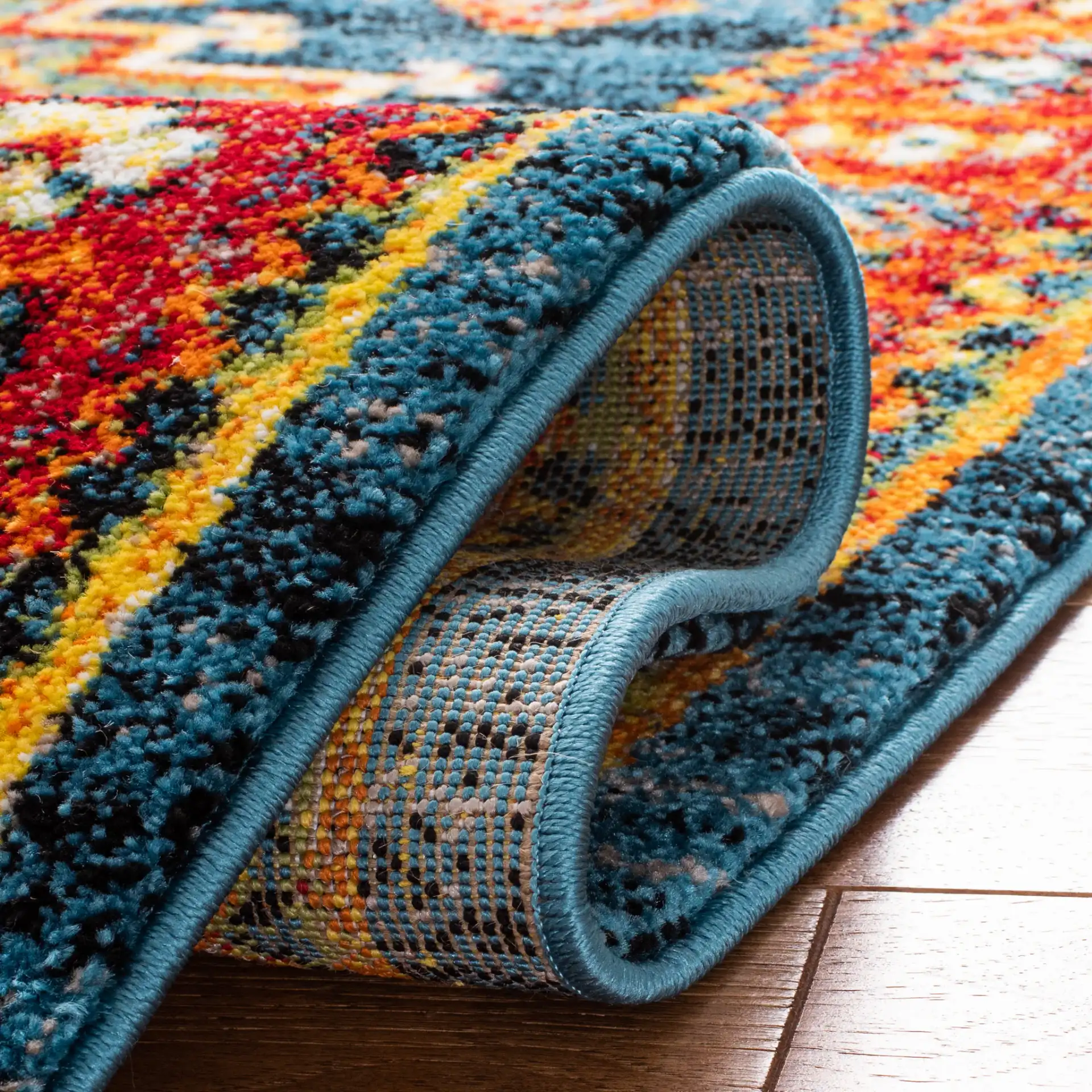 Vintage Hamadan Southwestern Medallion Rug in Blue / Orange in a styled room