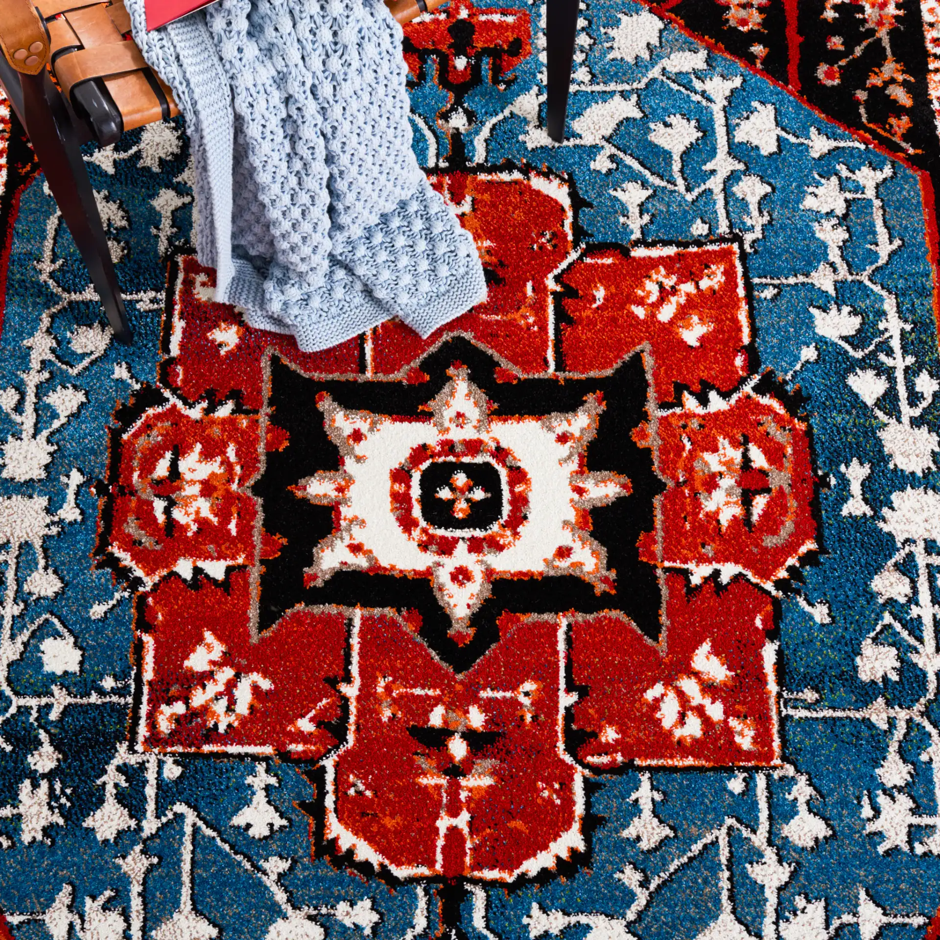 Vintage Hamadan Cross Medallion Rug in Red / Blue in a styled room