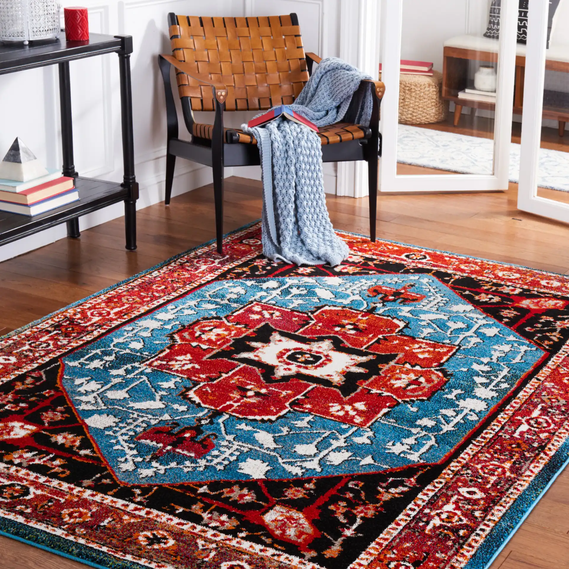 Vintage Hamadan Cross Medallion Rug in Red / Blue in a styled room