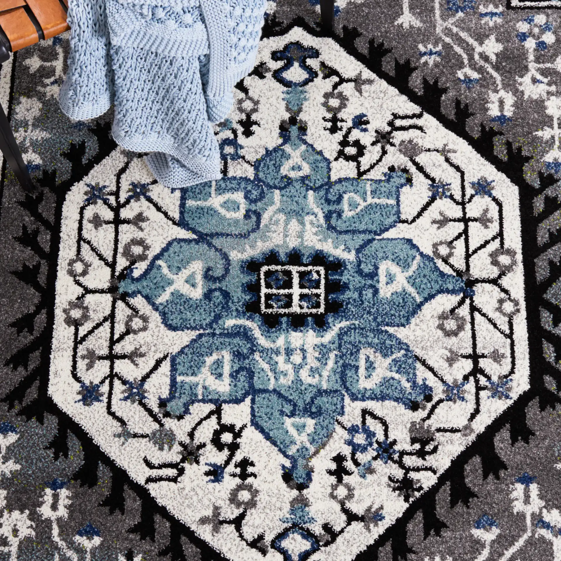 Vintage Hamadan Octagon Medallion Rug in Blue / Gray in a styled room