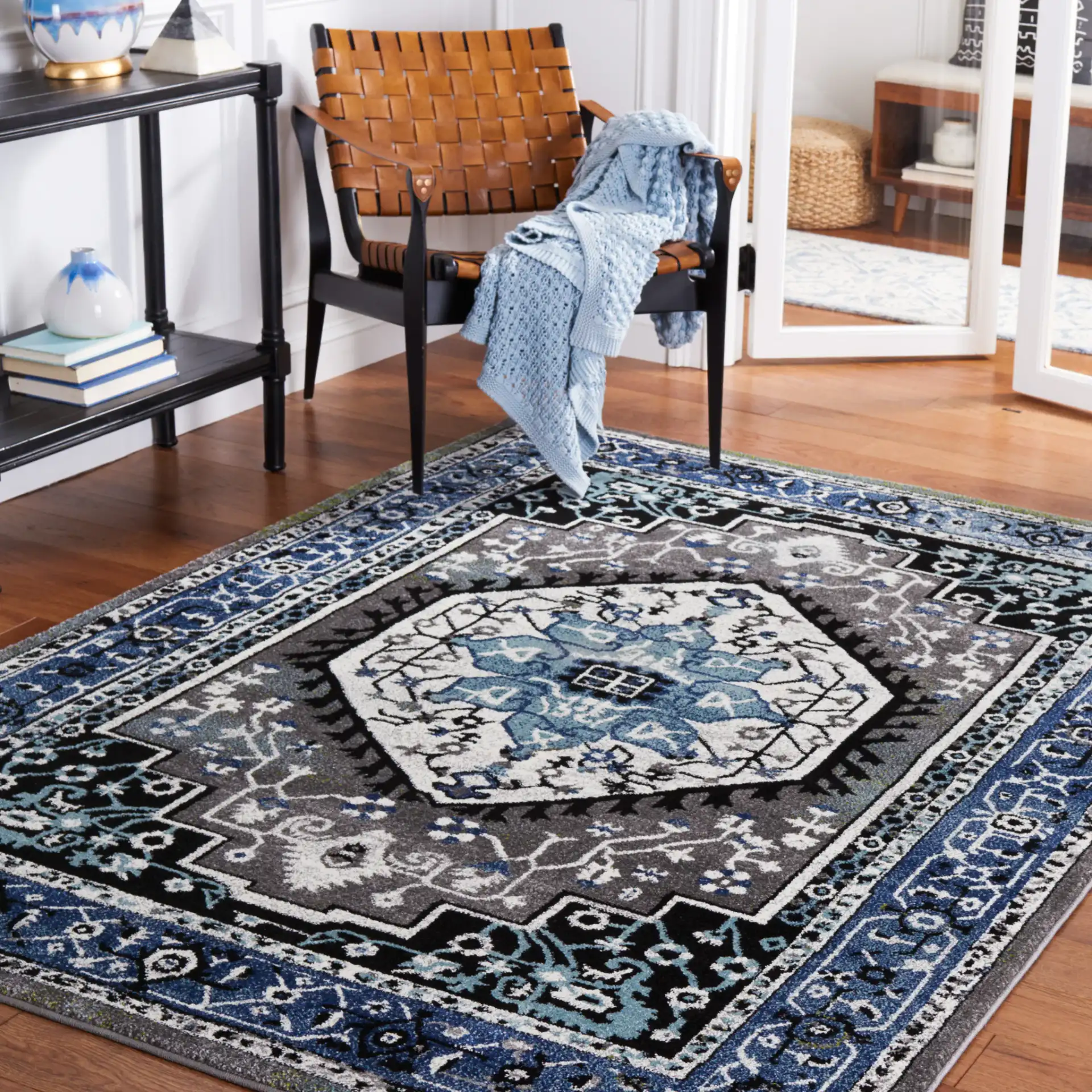 Vintage Hamadan Octagon Medallion Rug in Blue / Gray in a styled room
