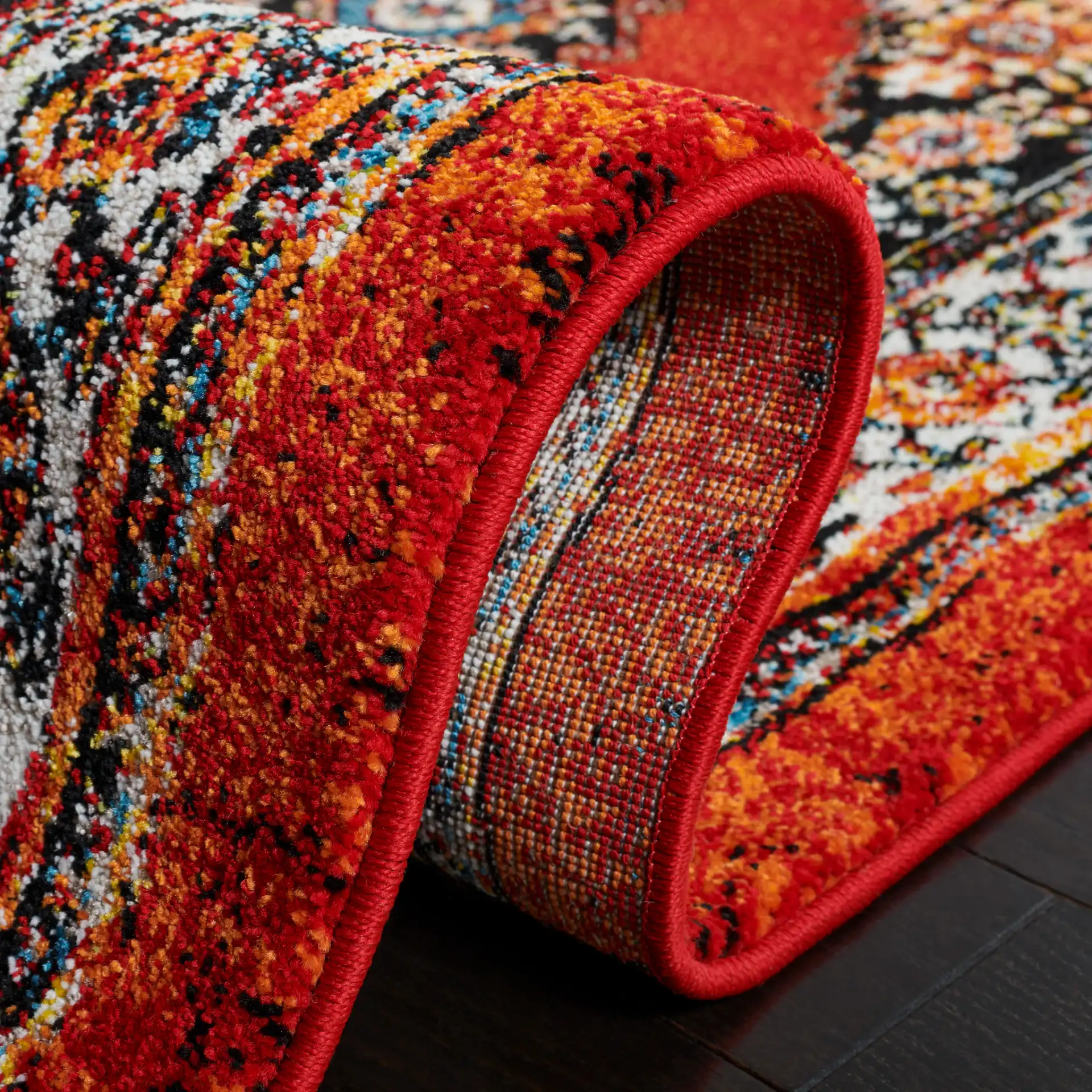 Vintage Hamadan Floral Diamond Medallion Rug in Red / Black in a styled room