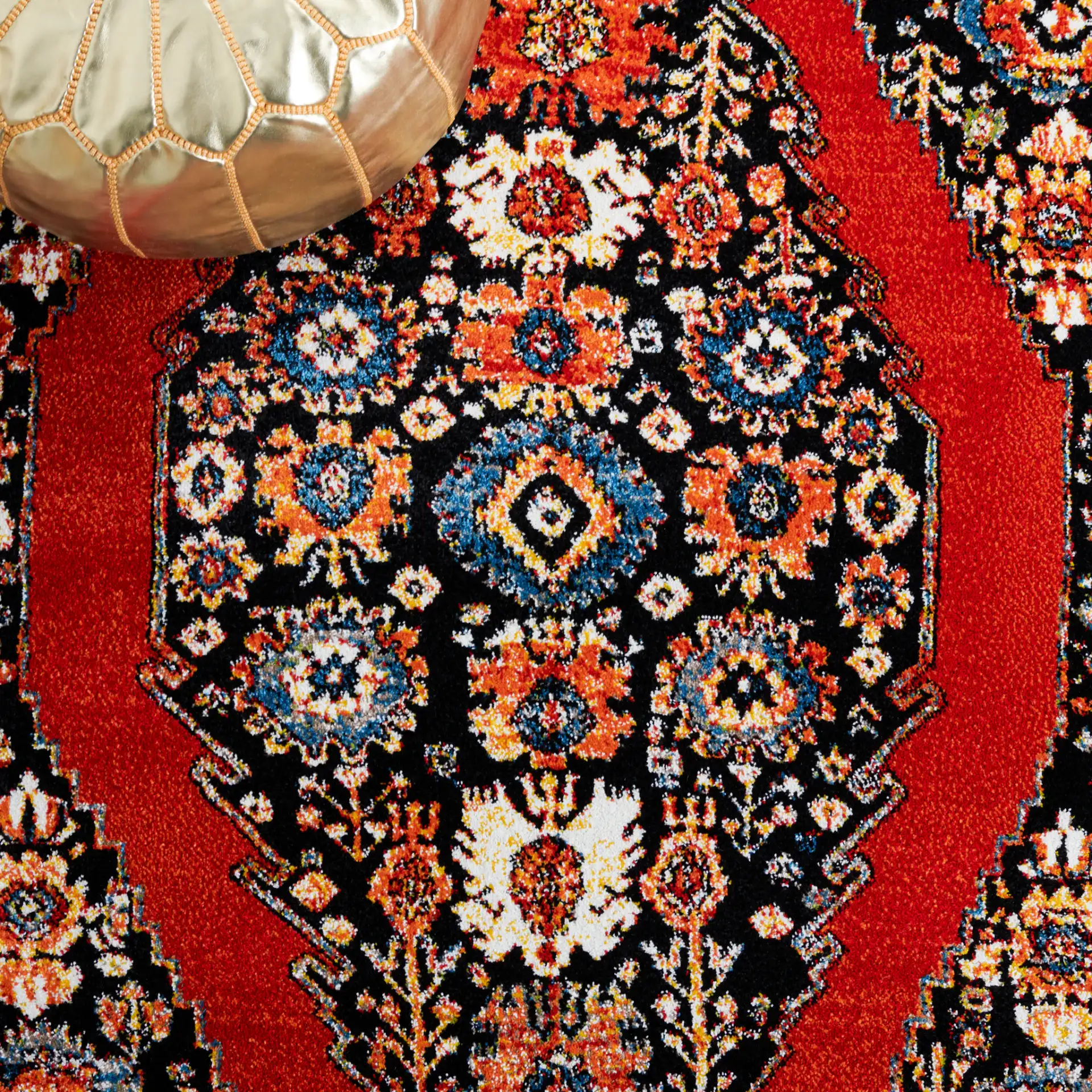 Vintage Hamadan Floral Diamond Medallion Rug in Red / Black in a styled room