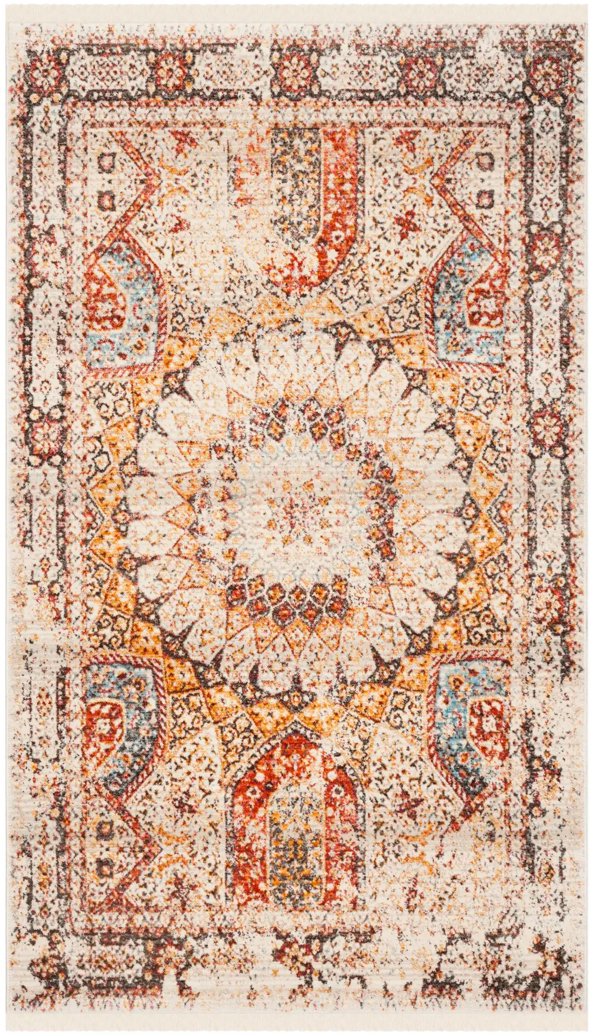 Vintage Persian Bohemian Medallion Rug in Cream / Rust