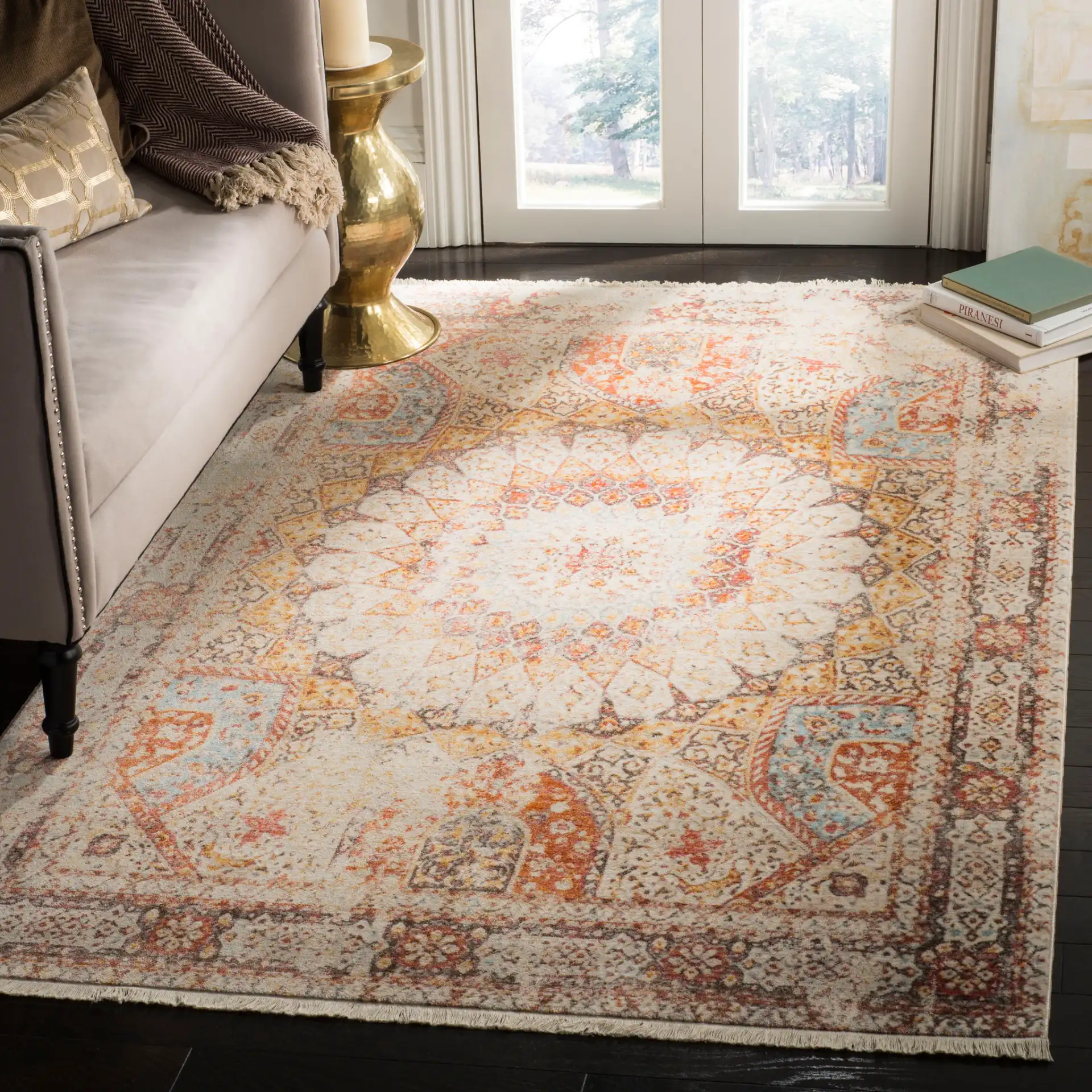 Vintage Persian Bohemian Medallion Rug in Cream / Rust in a styled room