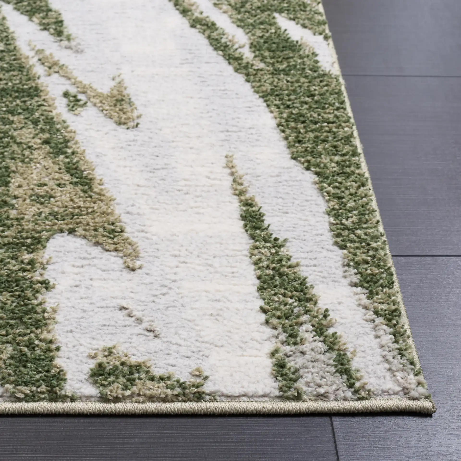 Wave Abstract Stripe Rug in Green / Ivory in a styled room