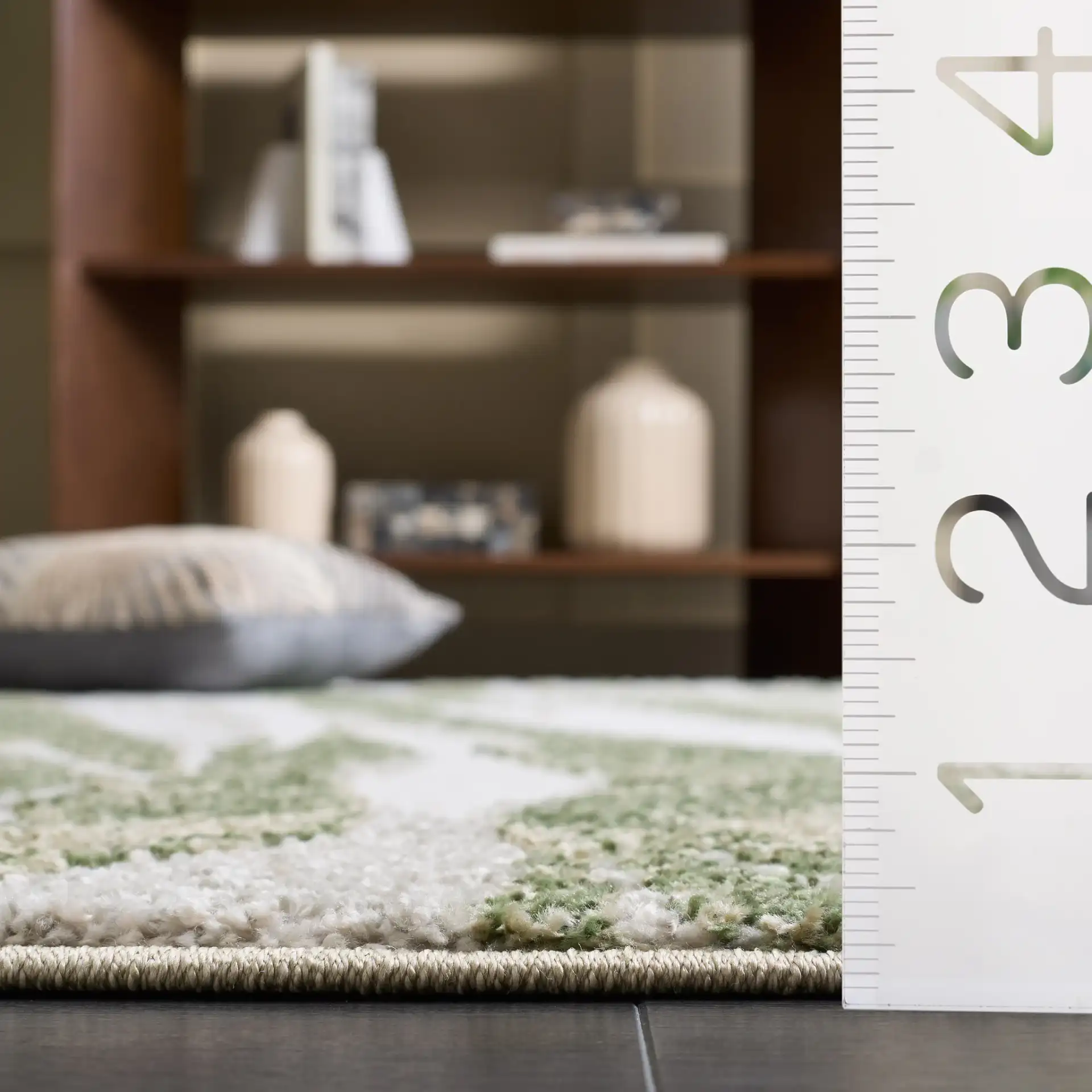 Wave Abstract Stripe Rug in Green / Ivory in a styled room