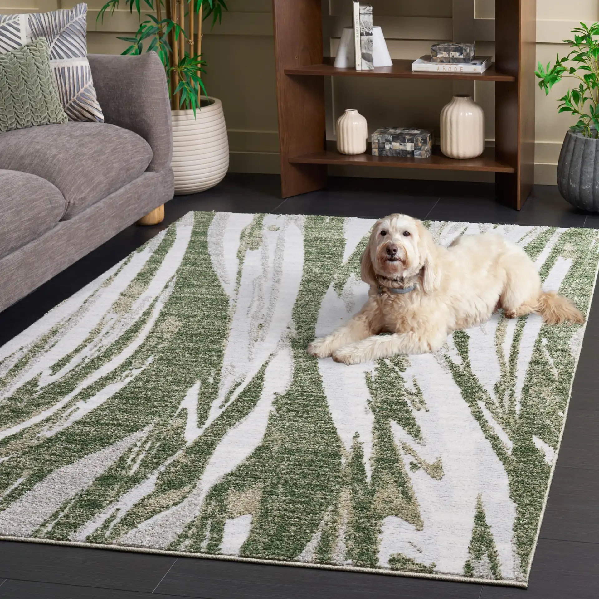 Wave Abstract Stripe Rug in Green / Ivory in a styled room