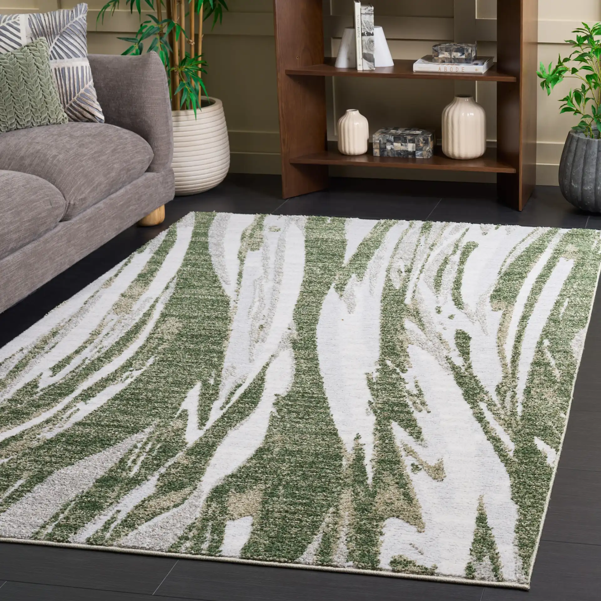 Wave Abstract Stripe Rug in Green / Ivory in a styled room
