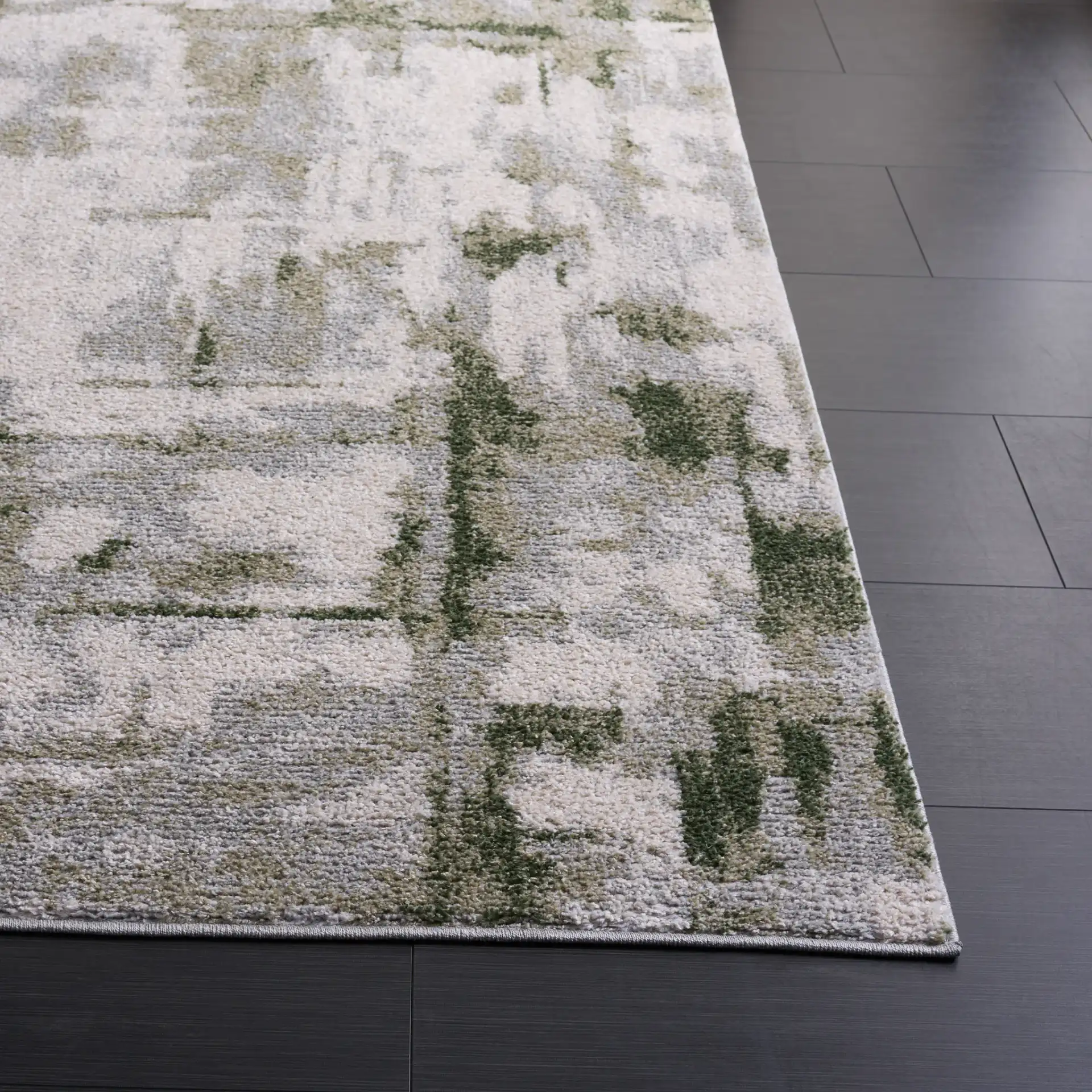 Wave Crosshatch Abstract Rug in Ivory / Green in a styled room