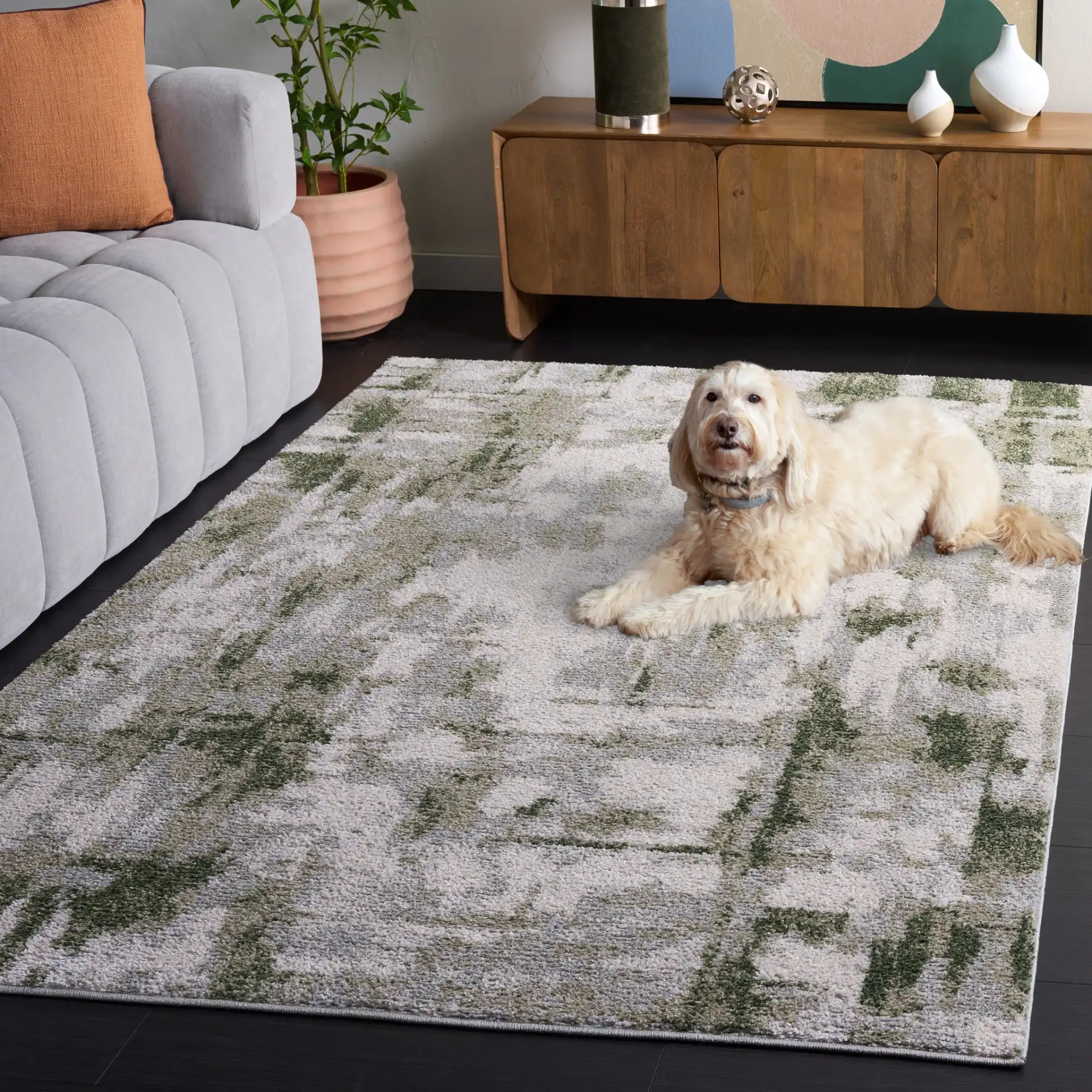 Wave Crosshatch Abstract Rug in Ivory / Green in a styled room
