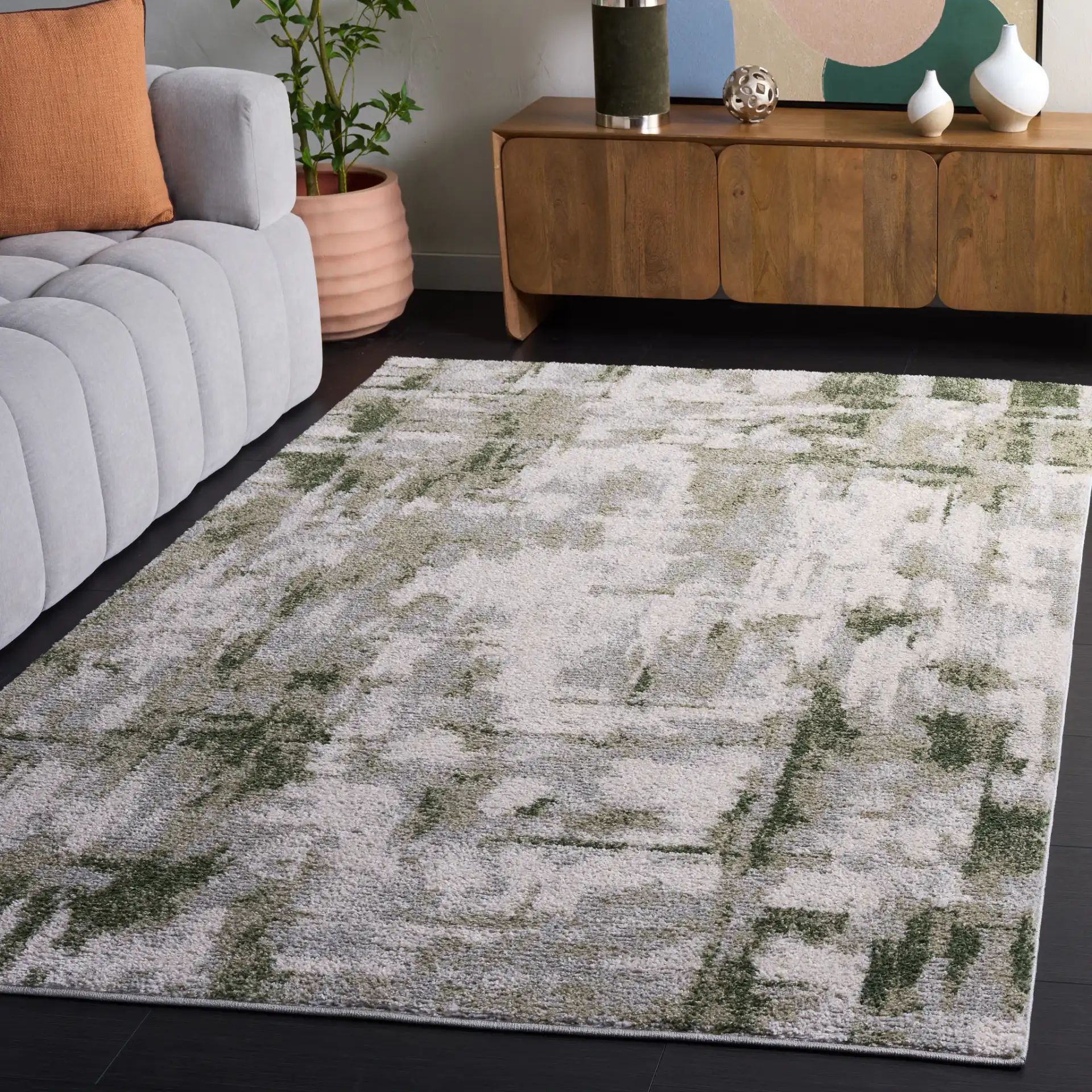 Wave Crosshatch Abstract Rug in Ivory / Green in a styled room