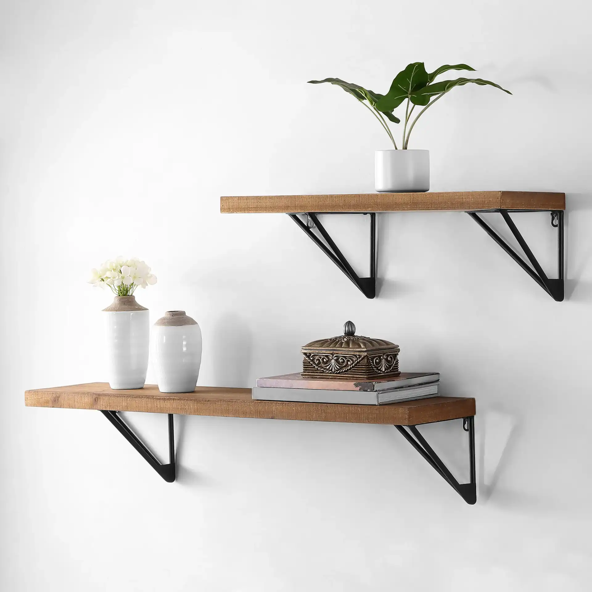 Banria 36 & 24" Wall Shelf in Brown / Black in a styled room