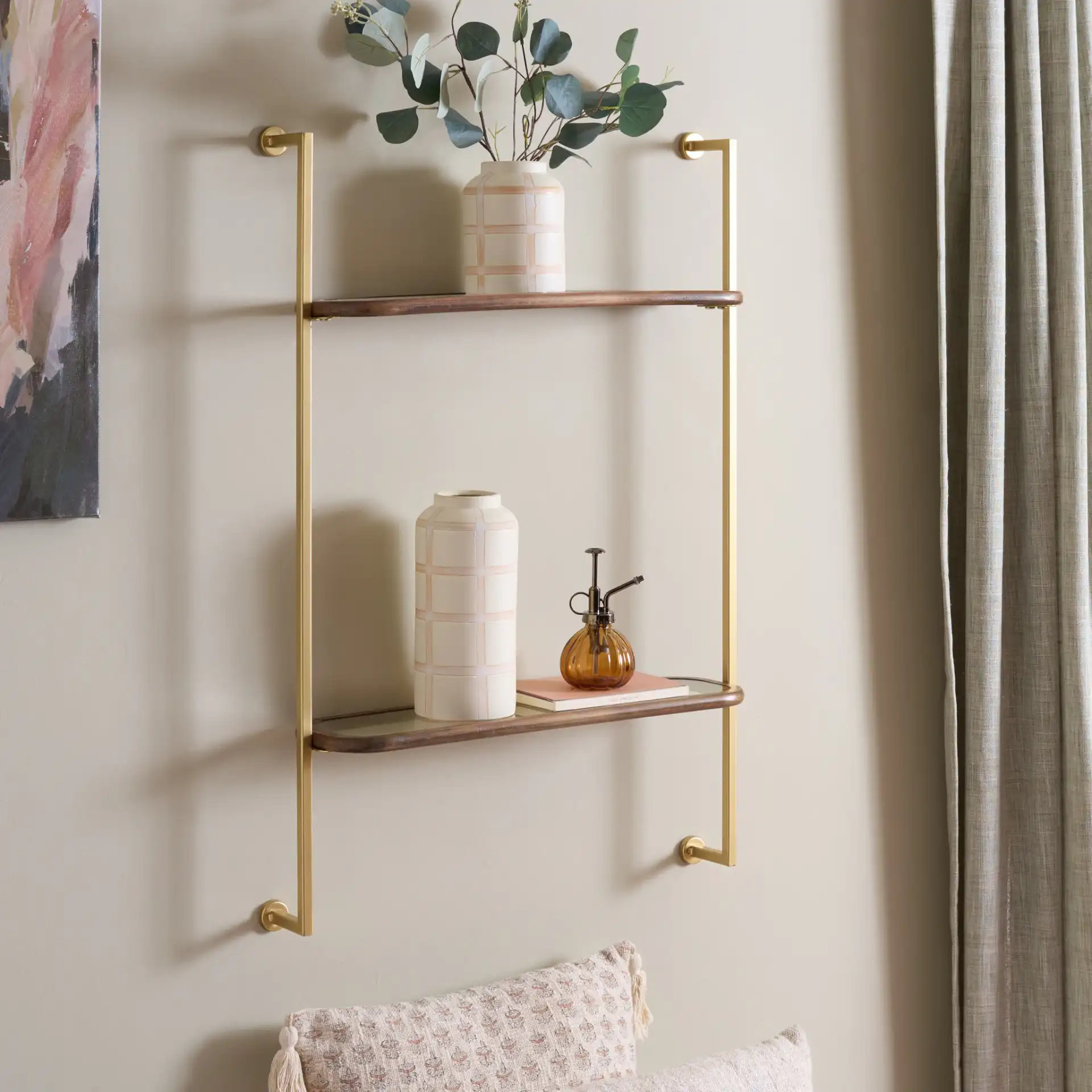 Alba Wall Shelf in Brown / Gold in a styled room
