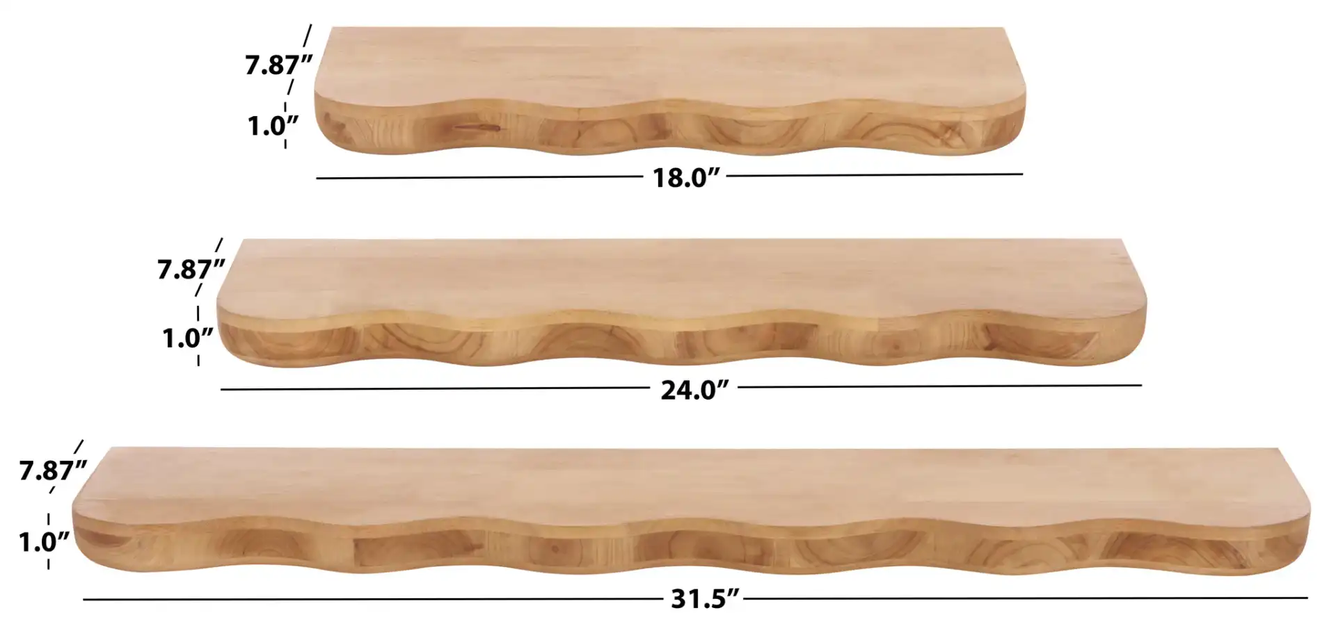 Bella Wavy Shelves Set 3 in Natural, detail view