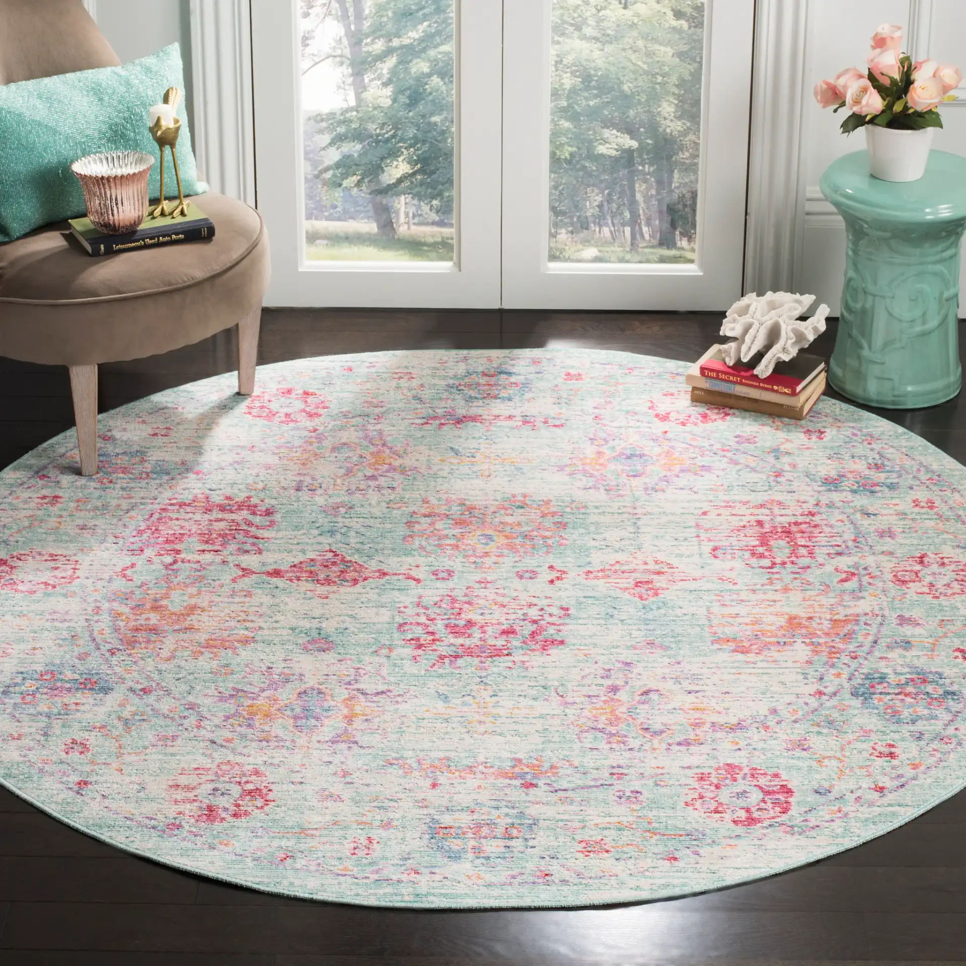 Windsor Antalya Distressed Bordered Rug in Ivory / Fuchsia in a styled room