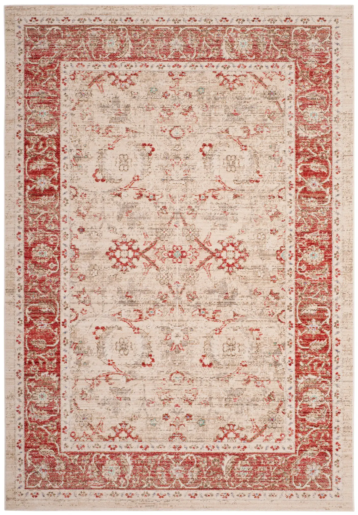 Windsor Floral Bordered Rug in Ivory / Red