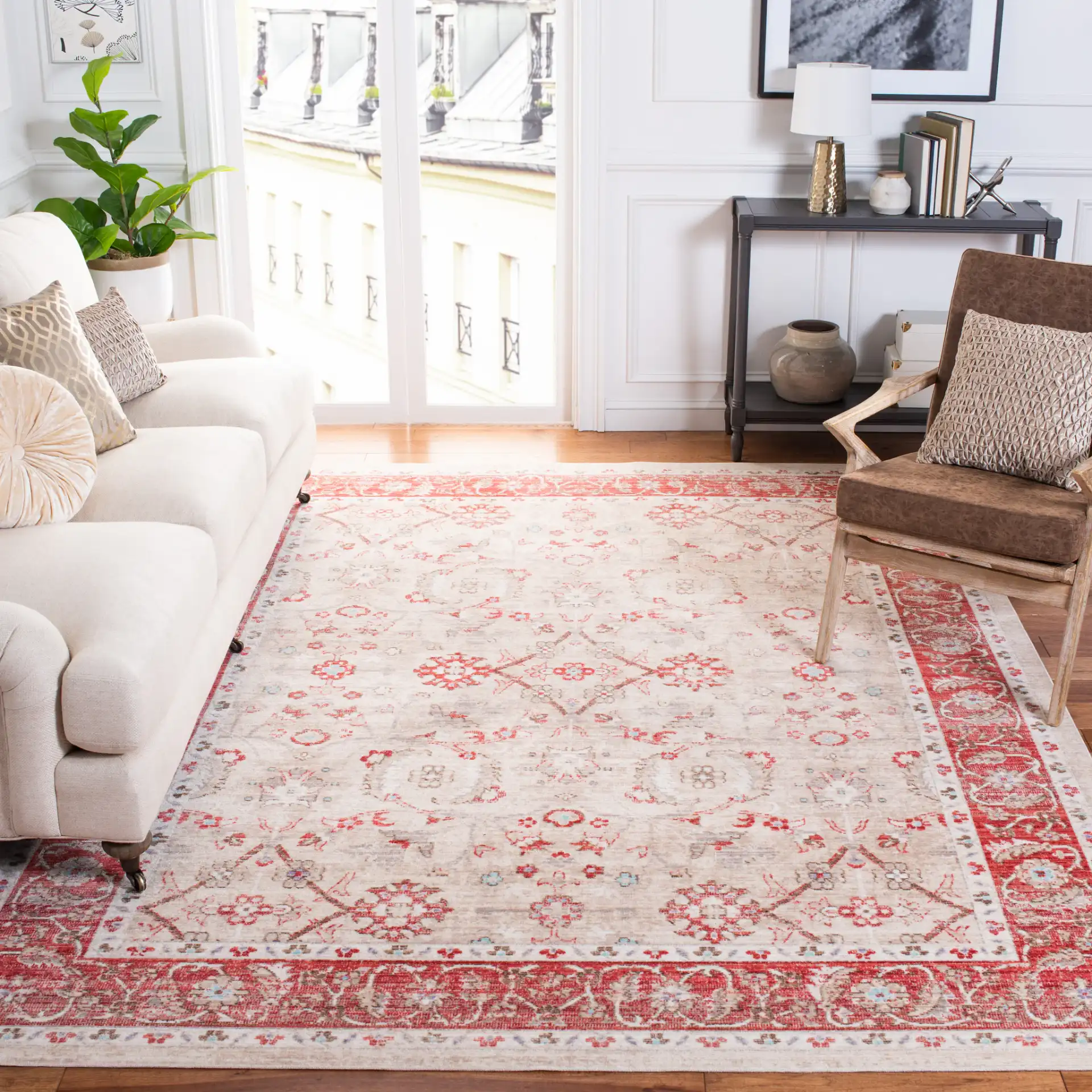 Windsor Floral Bordered Rug in Ivory / Red in a styled room
