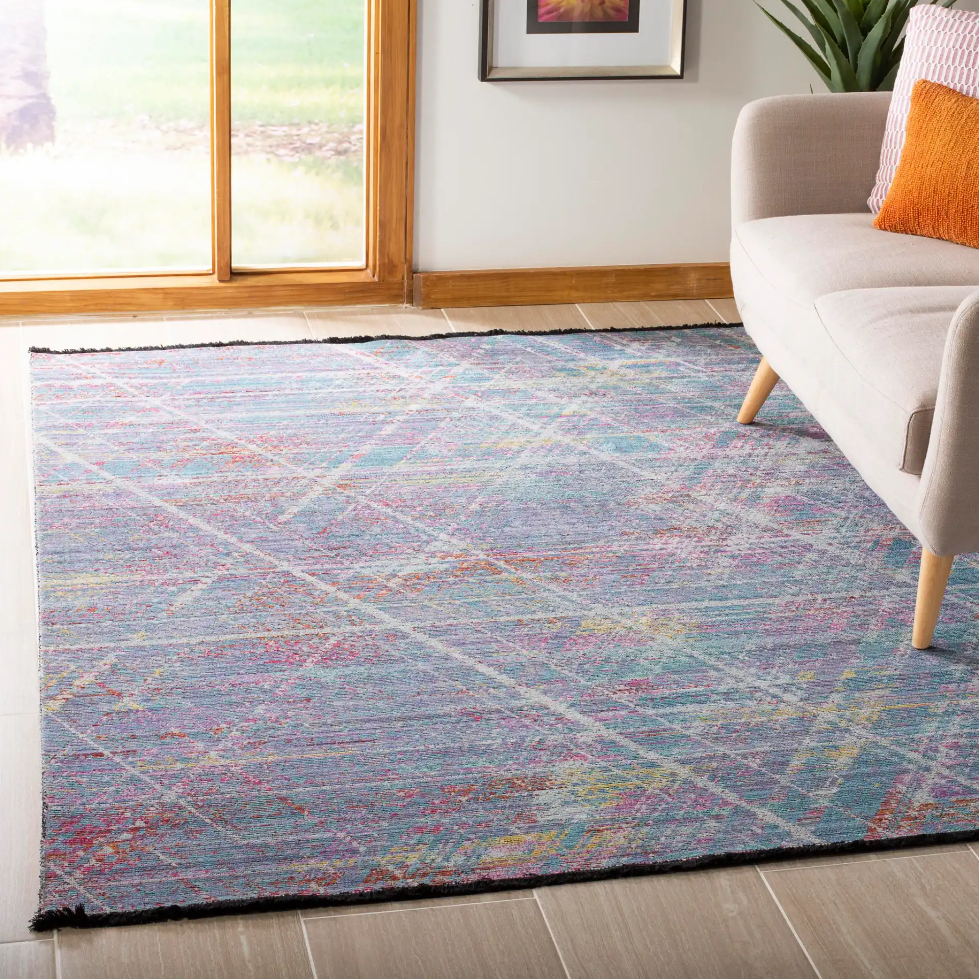Windsor Grid Abstract Rug in Ivory / Aqua in a styled room