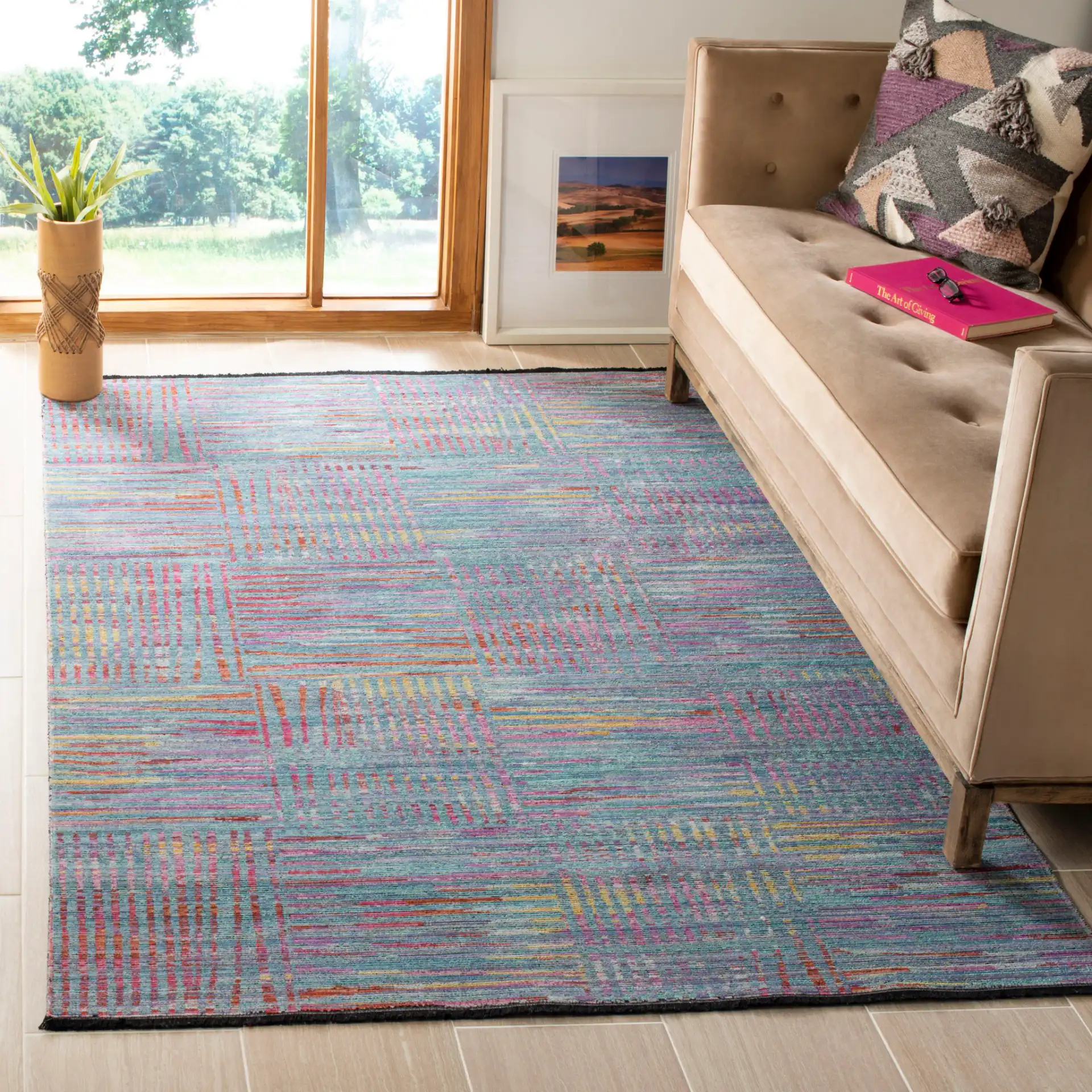 Windsor Abstract Grid Rug in Aqua / Dark Pink in a styled room