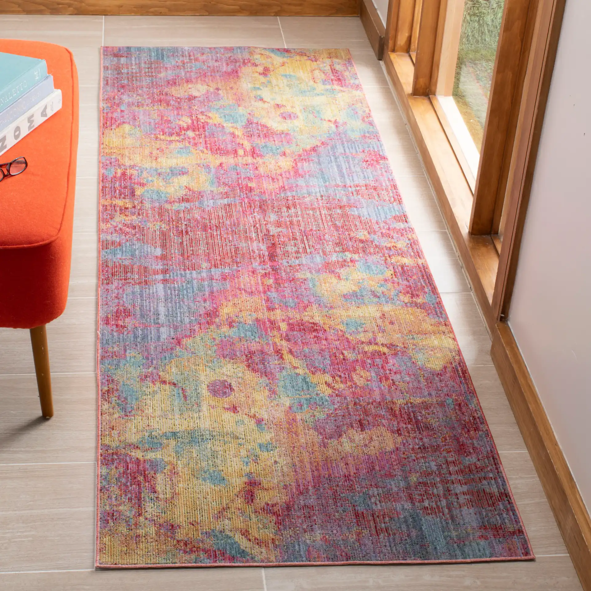 Windsor Abstract Striated Rug in Fuchsia / Turquoise in a styled room