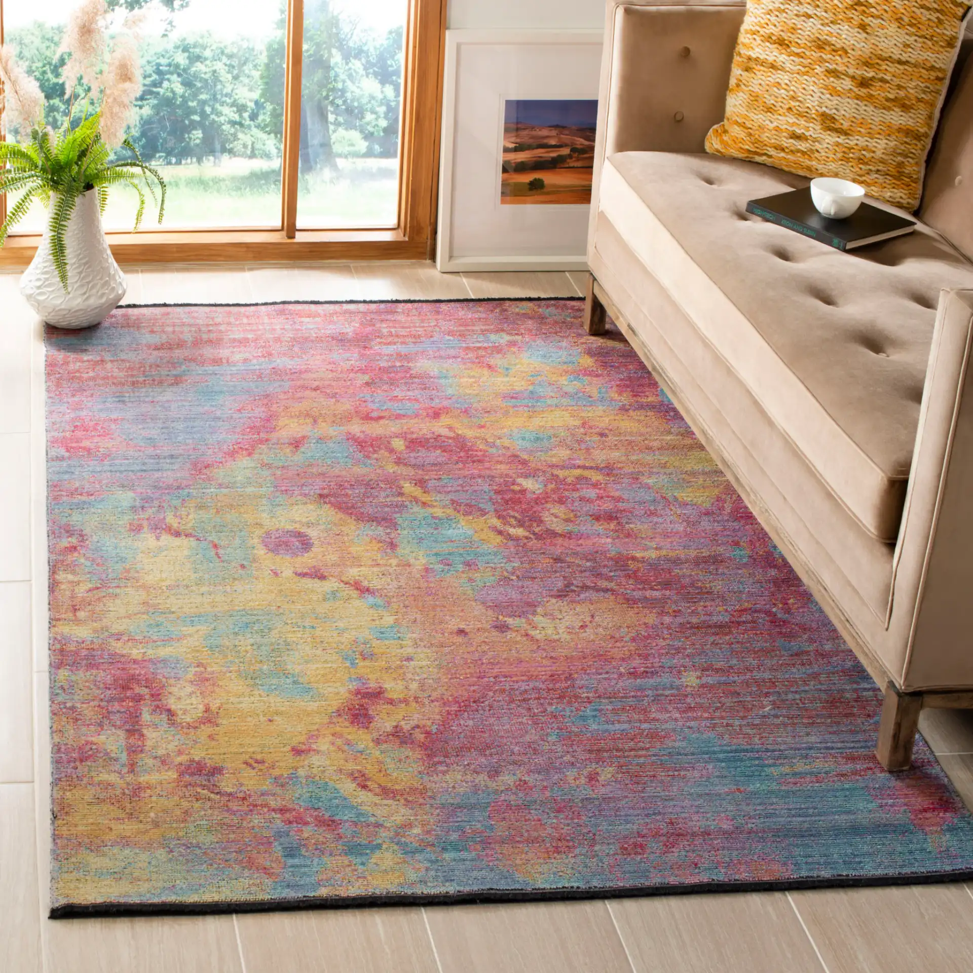 Windsor Abstract Striated Rug in Fuchsia / Turquoise in a styled room