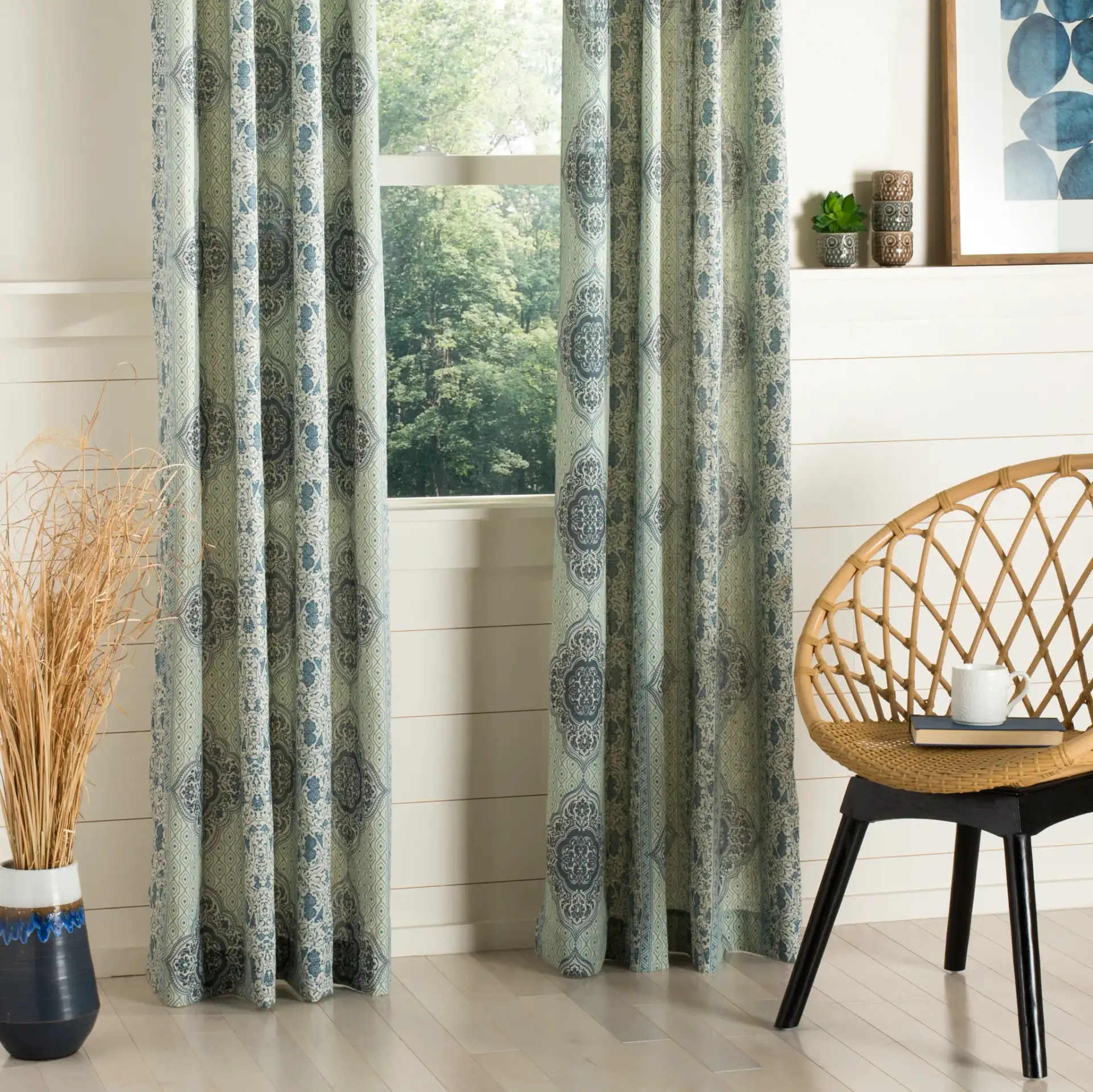 Florina Window Panel in Blue in a styled room