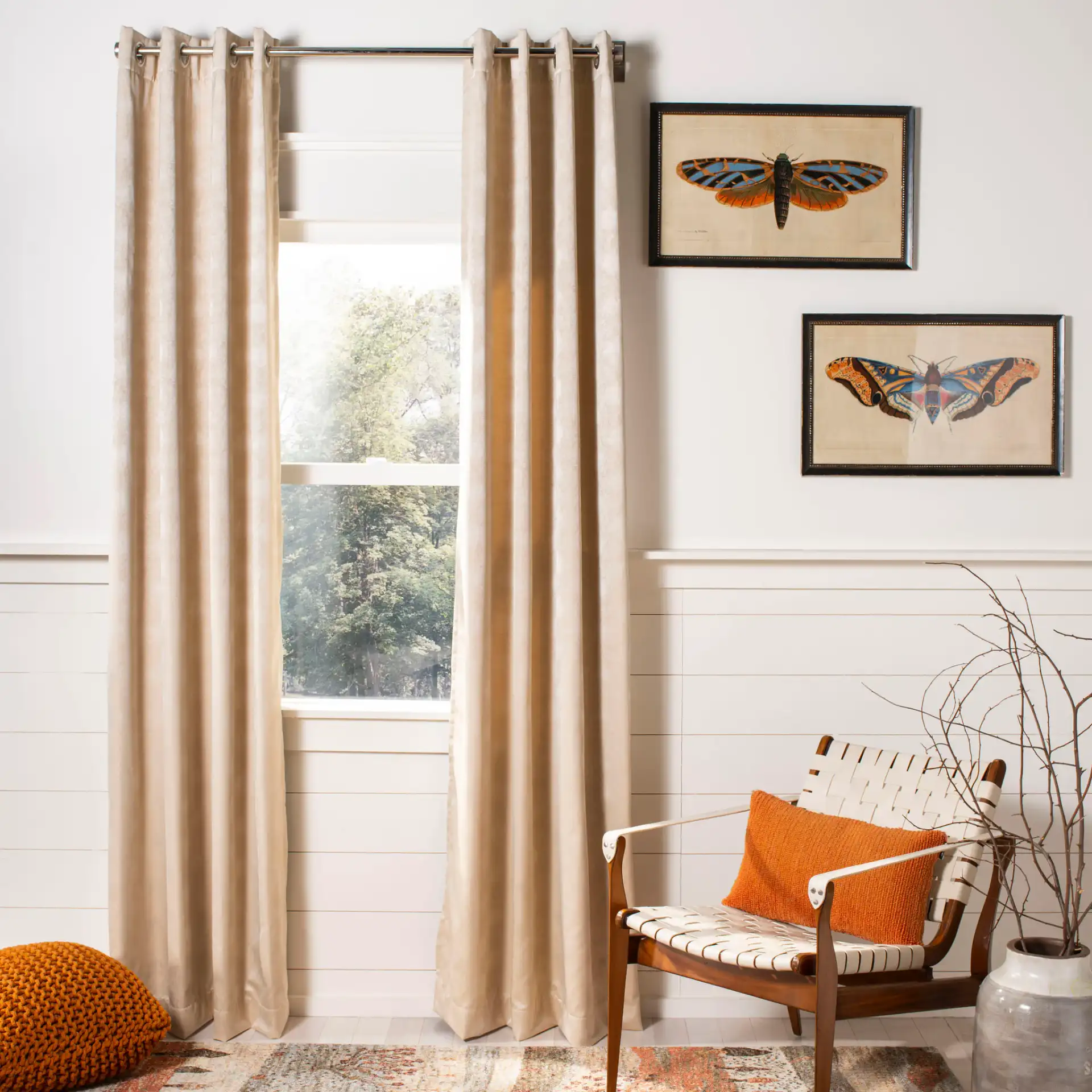 Melra Window Panel in Beige in a styled room