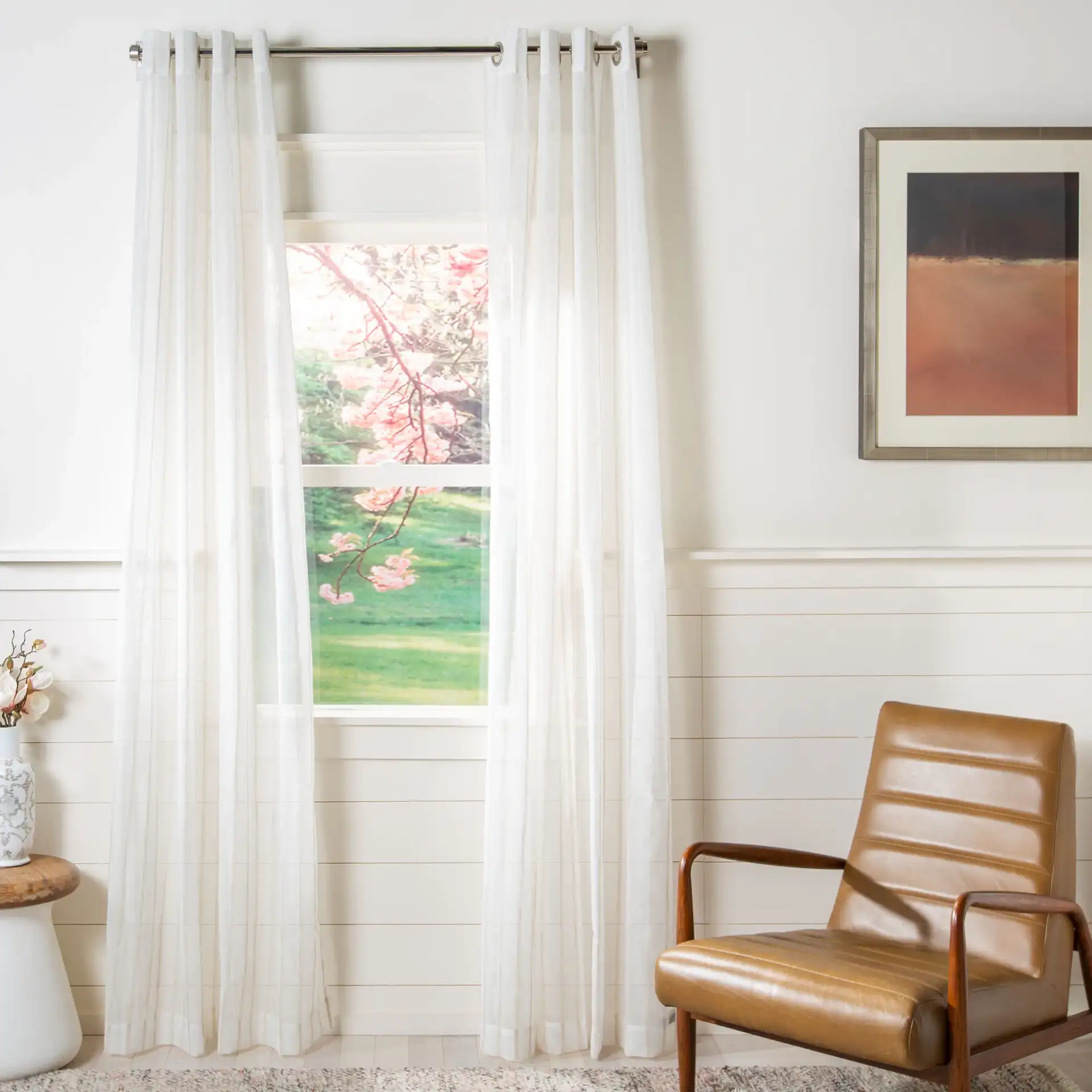 Zana Window Panel in Beige Stripe in a styled room