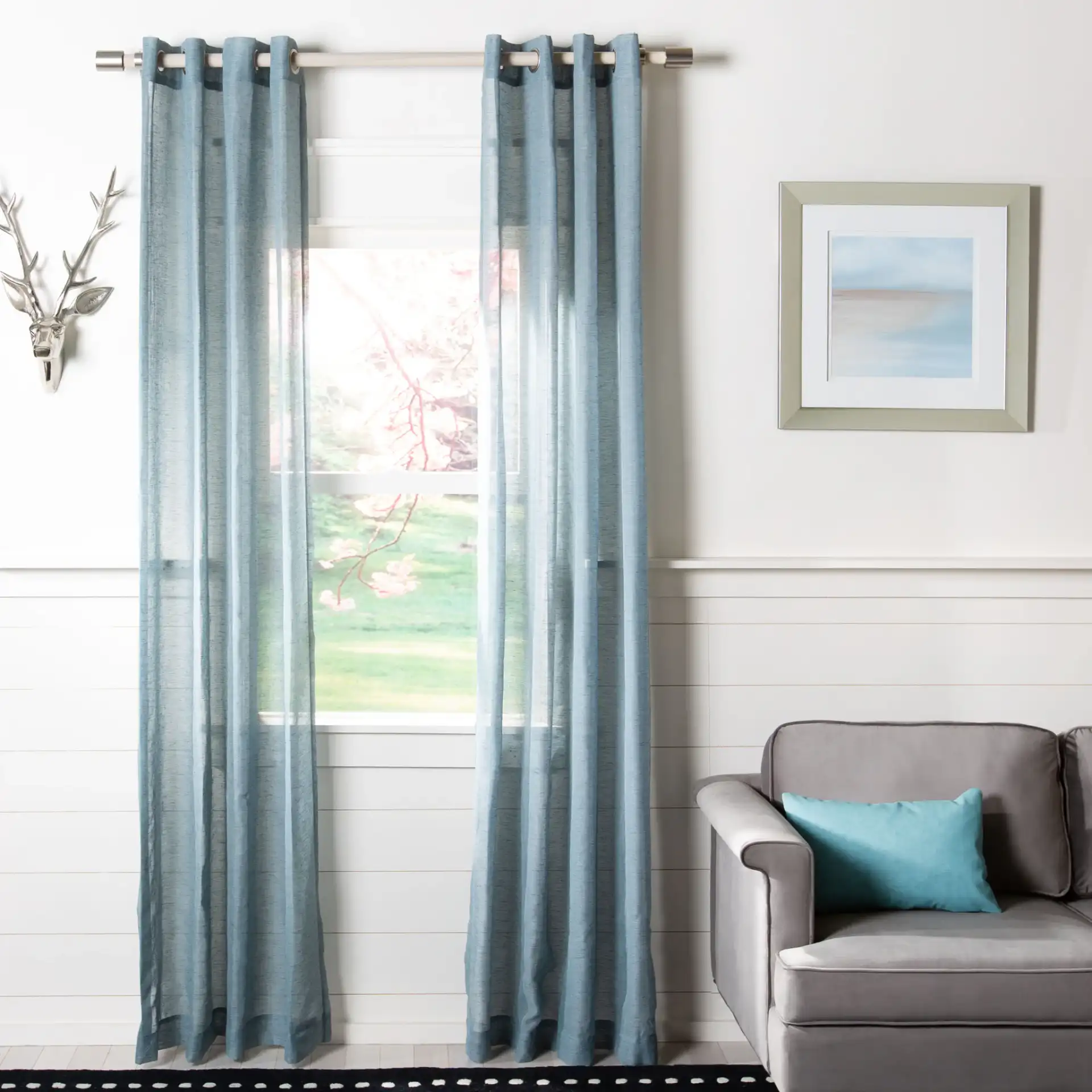 Alina Window Panel in Blue in a styled room