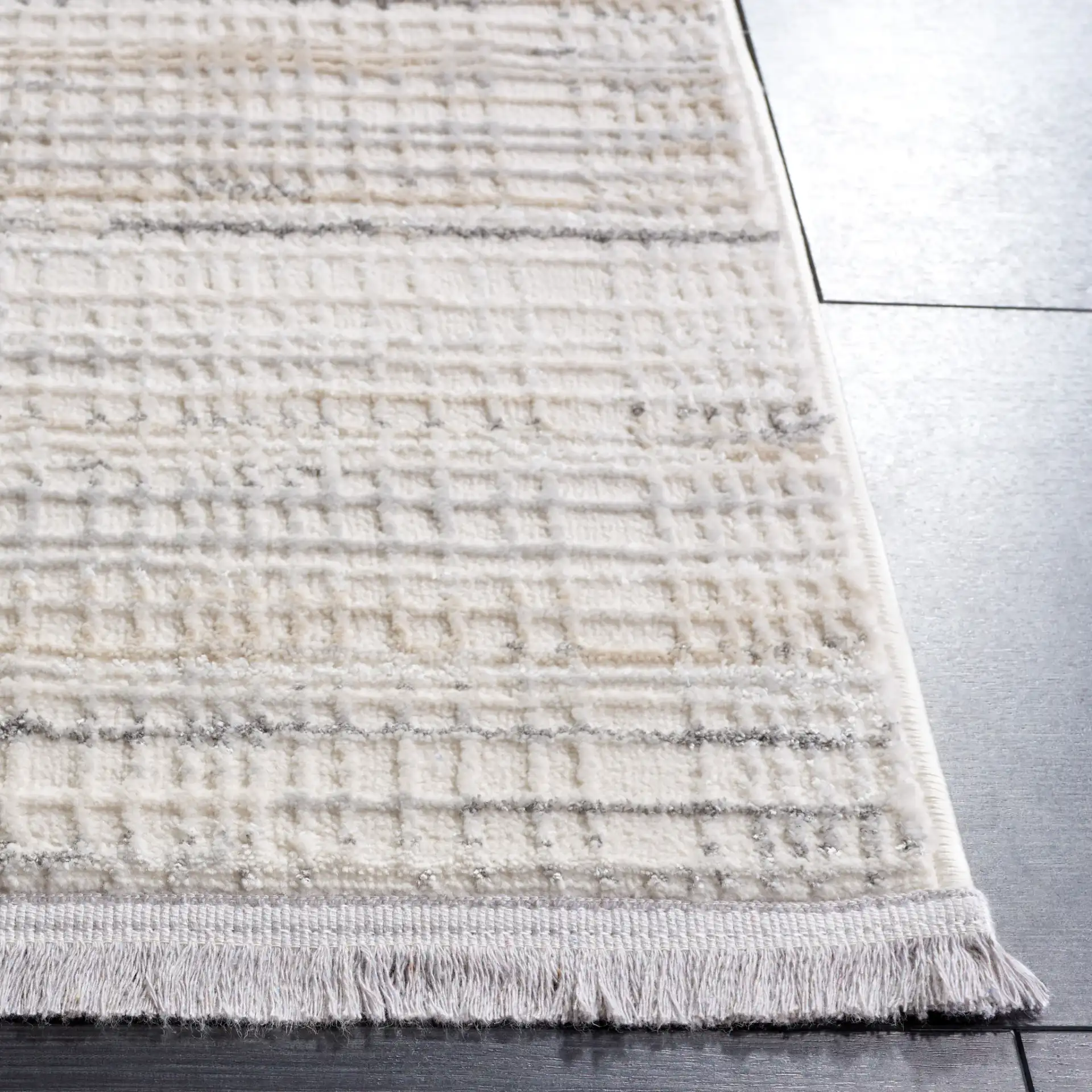 Whisper Linear Stripe Rug in Ivory / Gray in a styled room