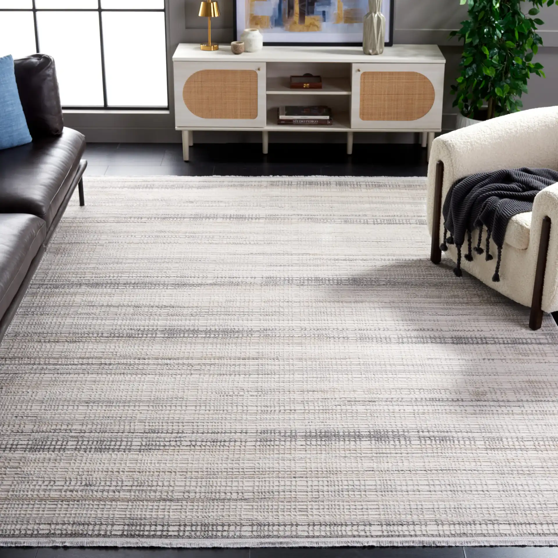 Whisper Linear Stripe Rug in Ivory / Gray in a styled room