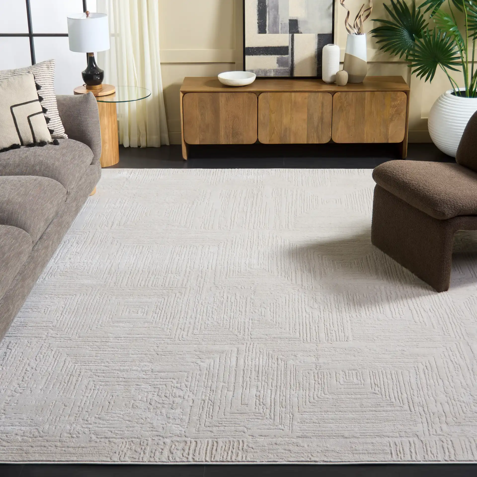 Whisper Concentric Square Rug in Beige in a styled room