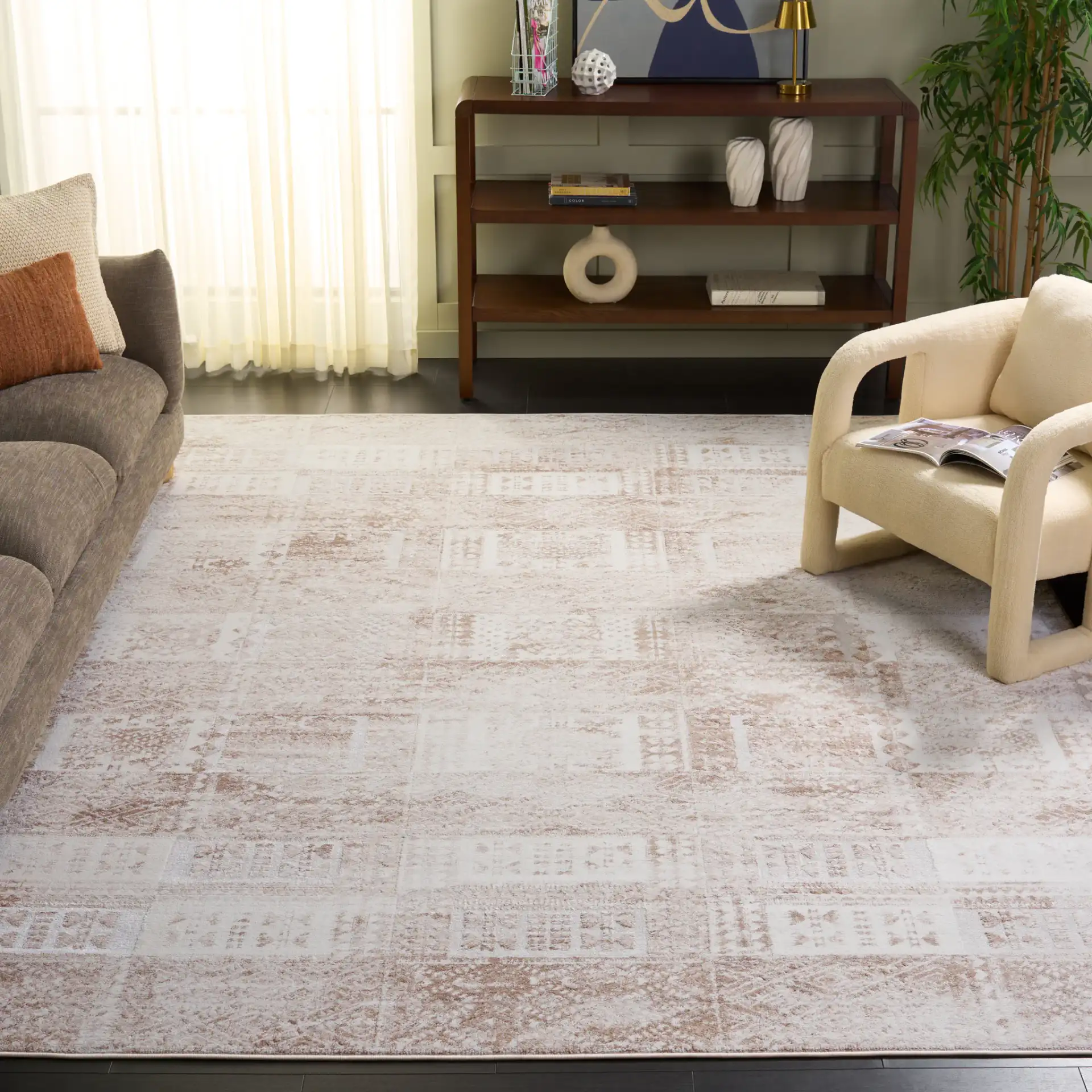 Whisper Distressed Patchwork Rug in Beige / Light Beige in a styled room