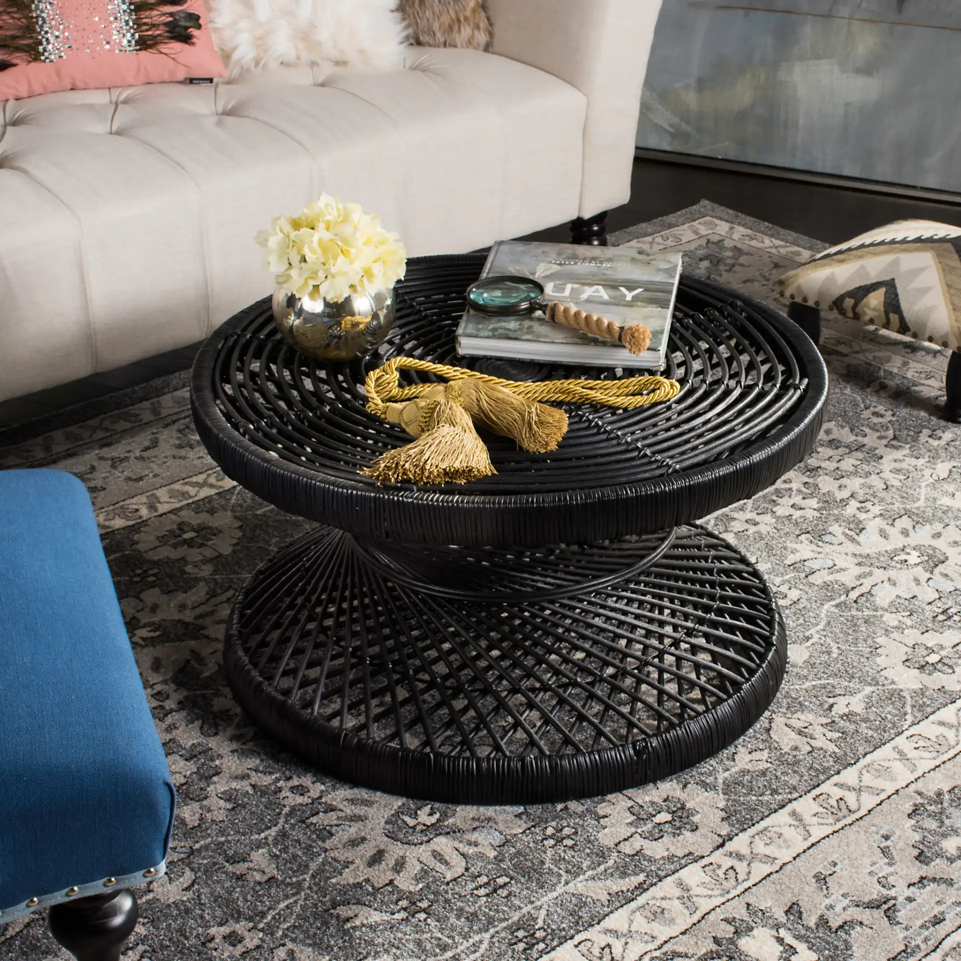 Grimson Large Bowed Coffee Table in Black in a styled room