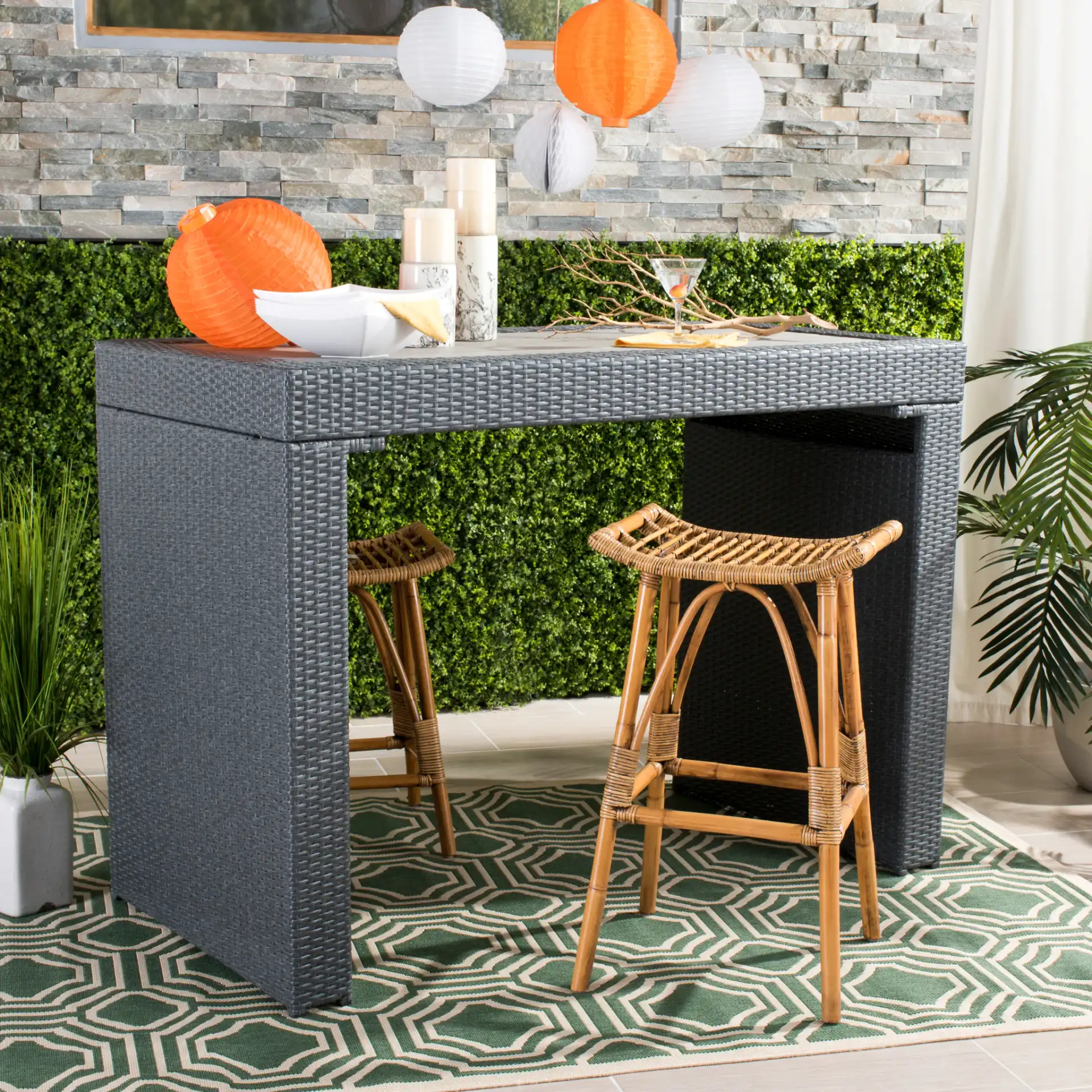 Leda Rattan Barstool in Brown in a styled room
