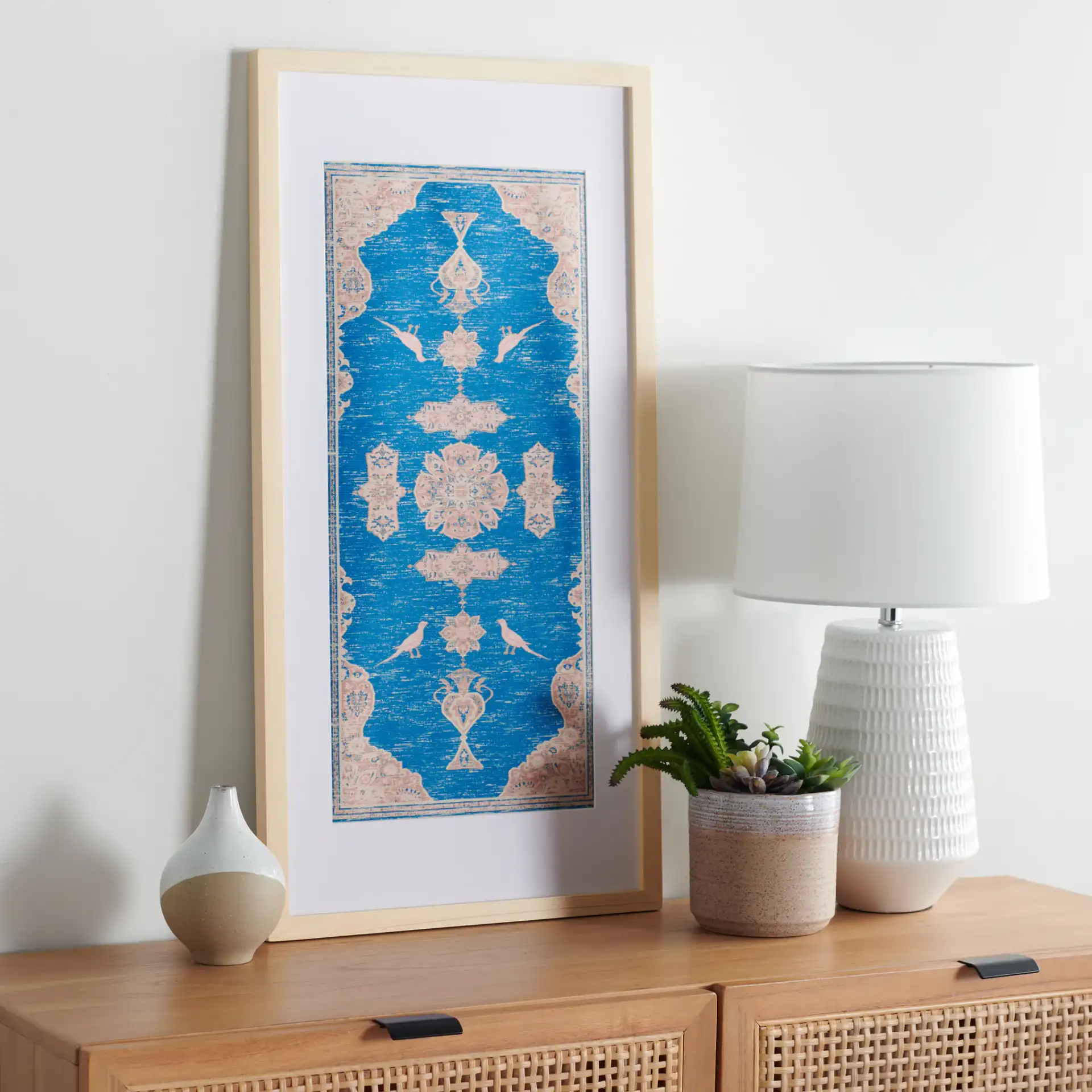 Chartrelle Framed Textile in Blue / Pink in a styled room