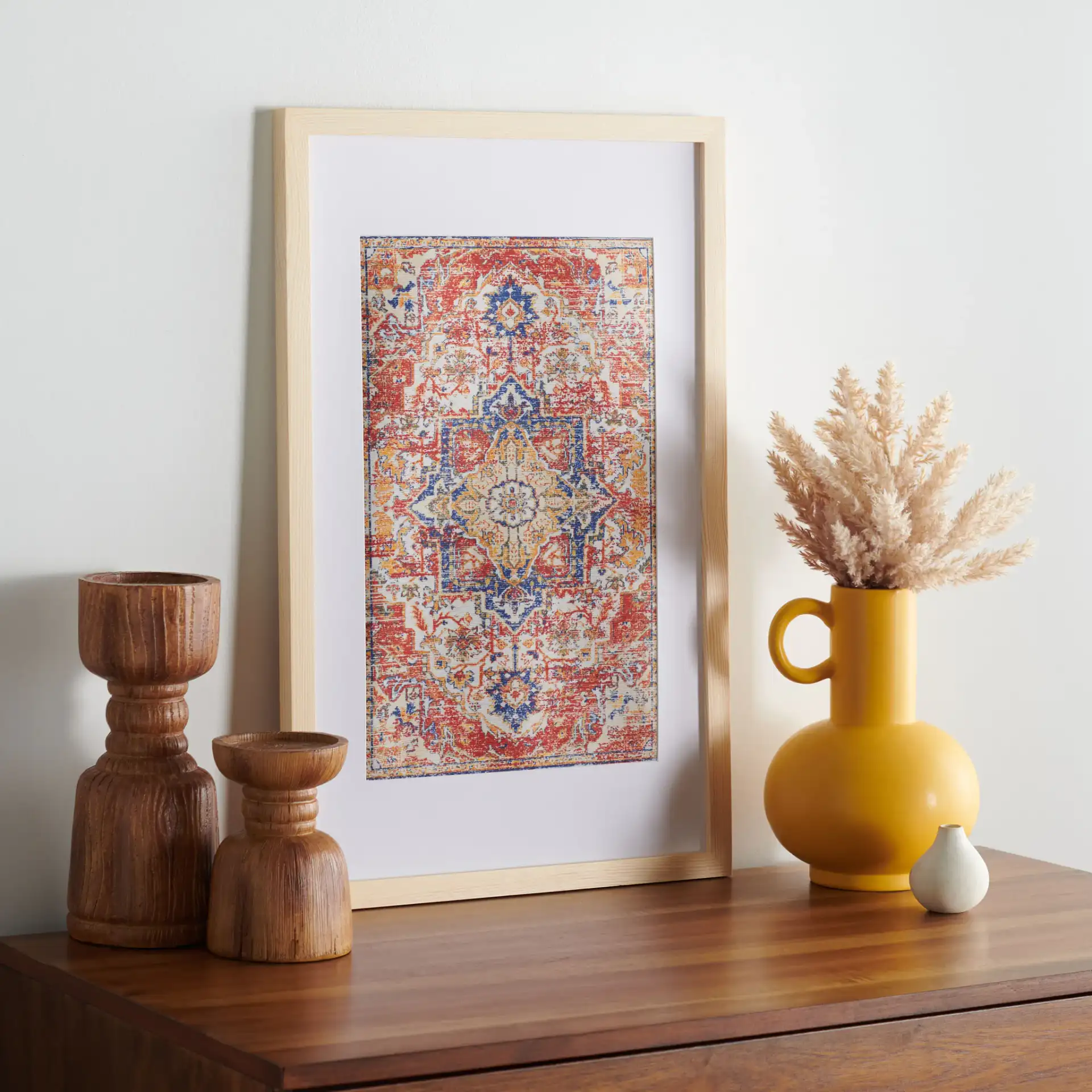 Lonqu Framed Textile Art in Red / Navy Blue in a styled room