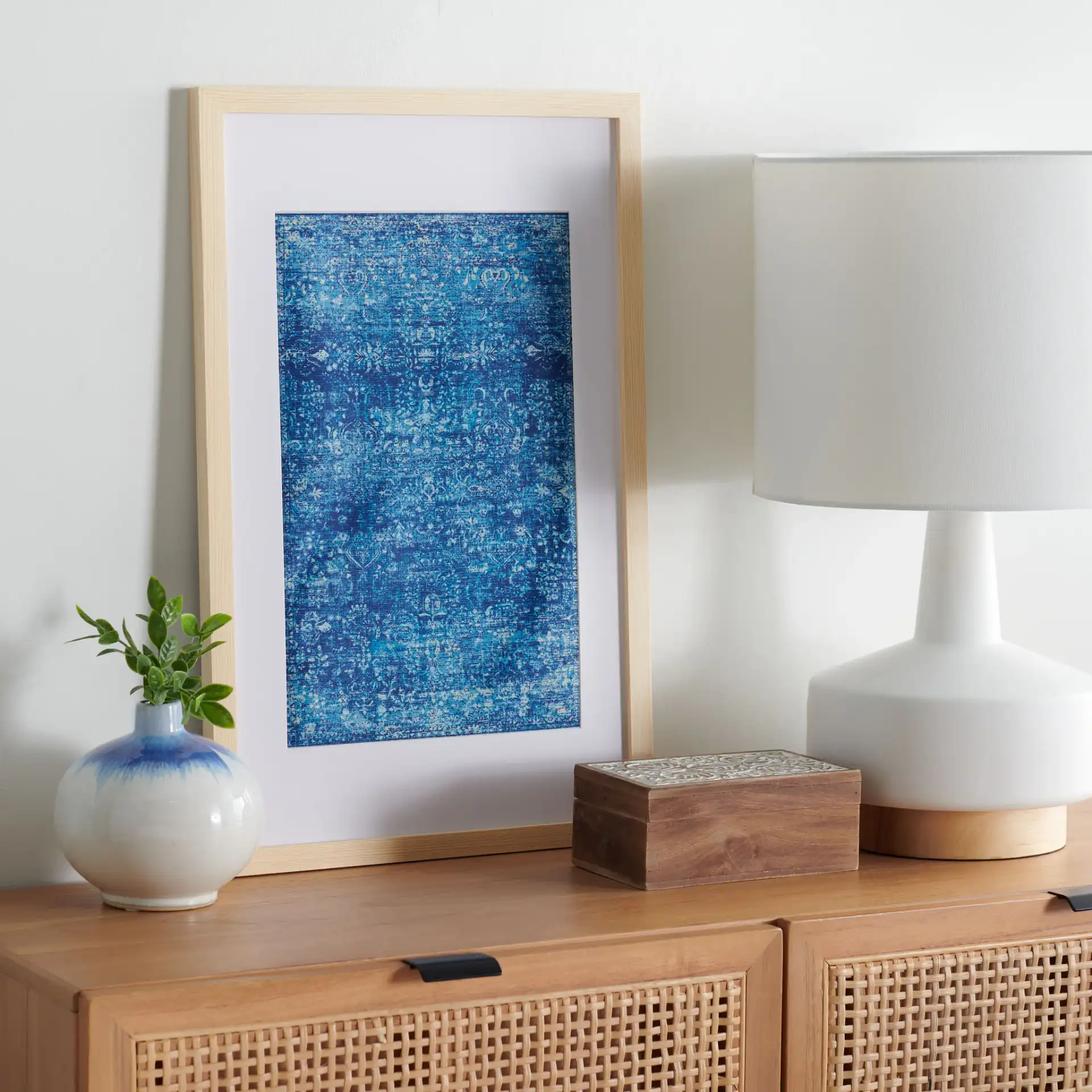Demitri Framed Textile in Blue in a styled room