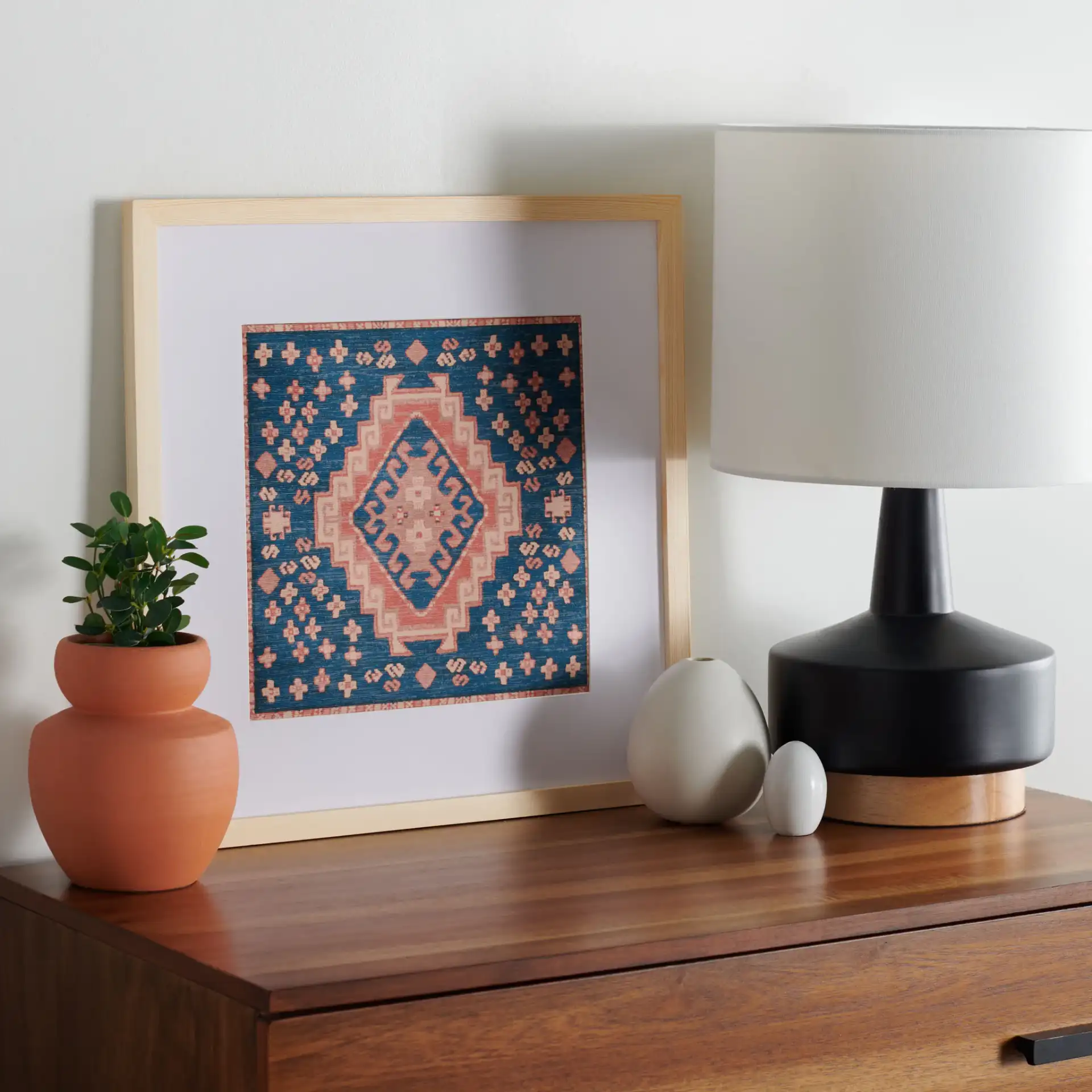 Hattori Framed Textile in Navy Blue / Orange in a styled room