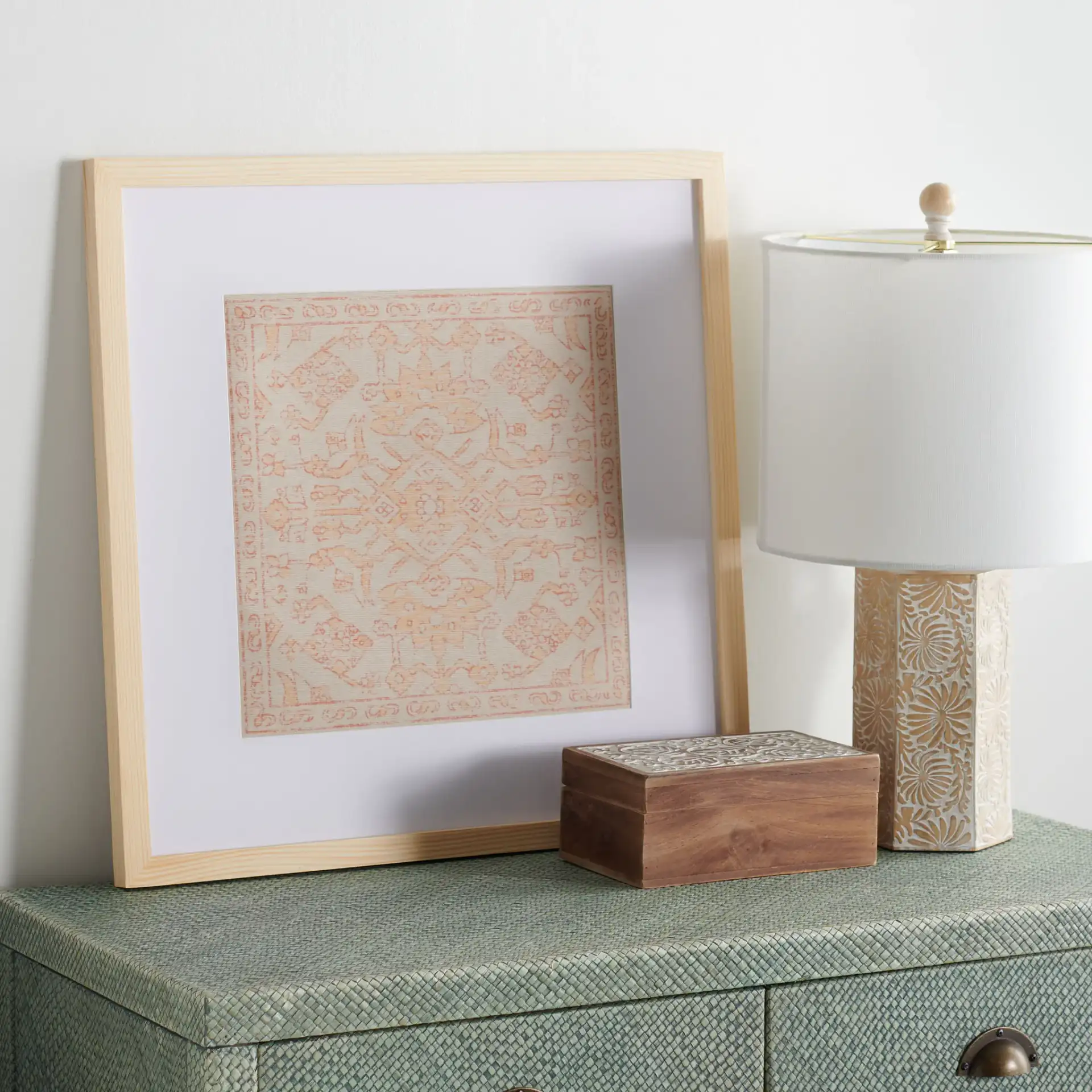 Stenquist 18X18 Framed Textile in Gold / Beige in a styled room