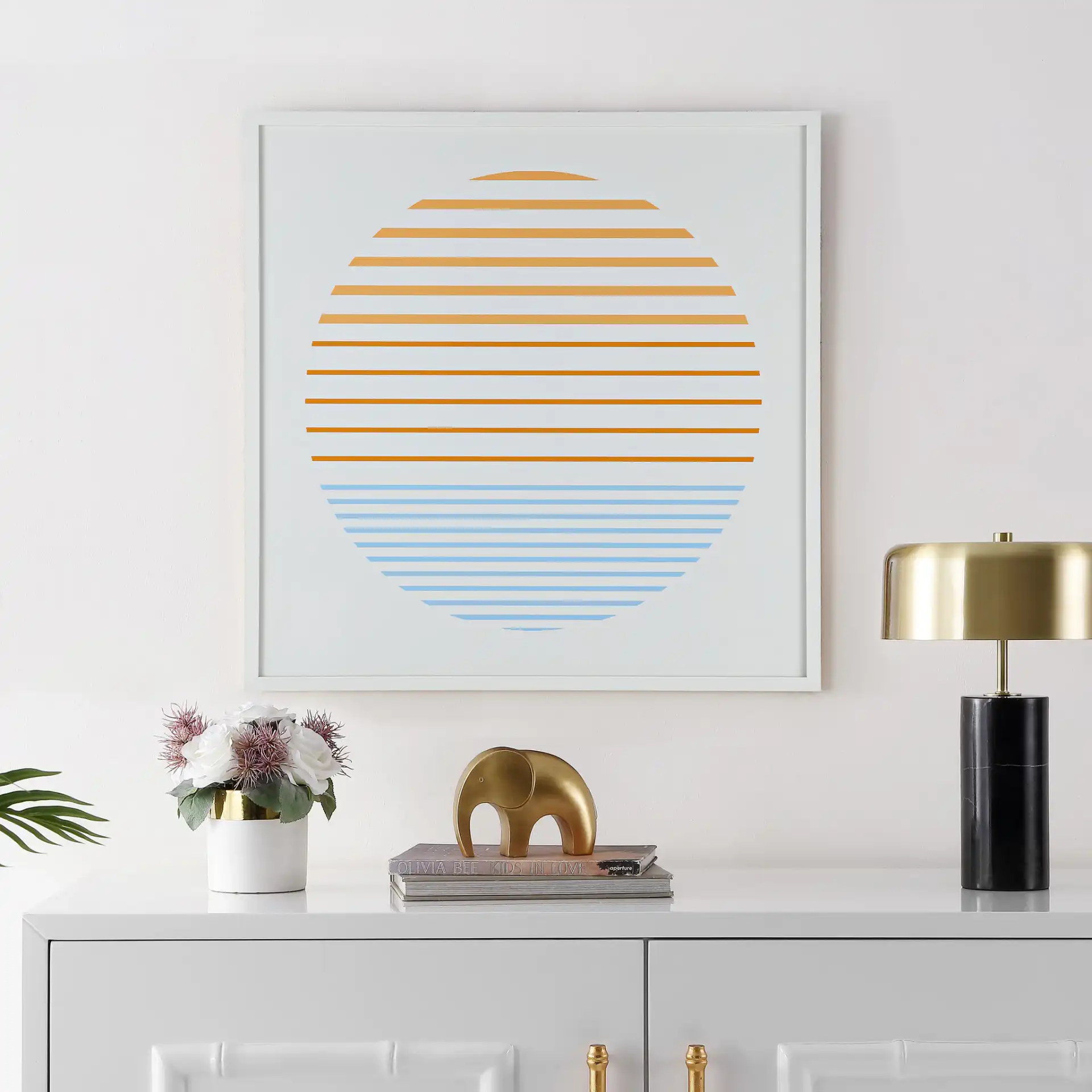 Linear Horizon 24X24" Wall Art in Orange / Ivory in a styled room
