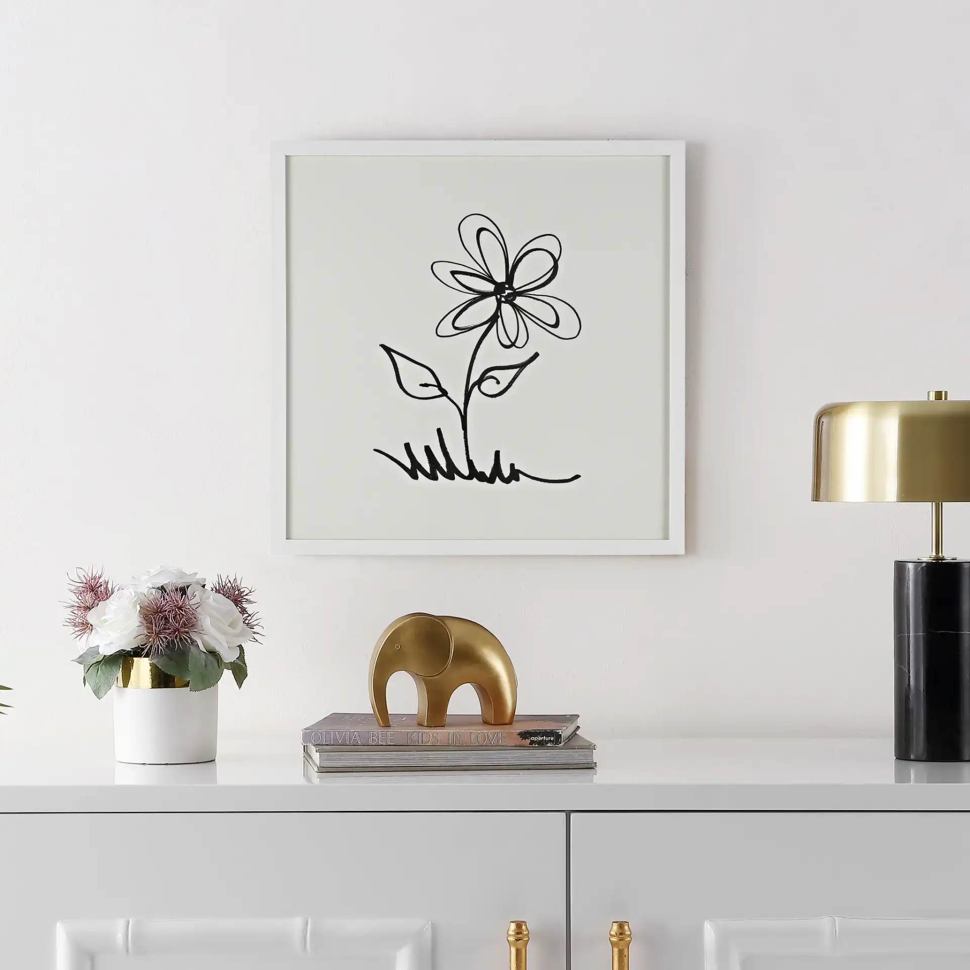 Signed Springtime 16x16" Wall Art in Black / Antique Ivory in a styled room