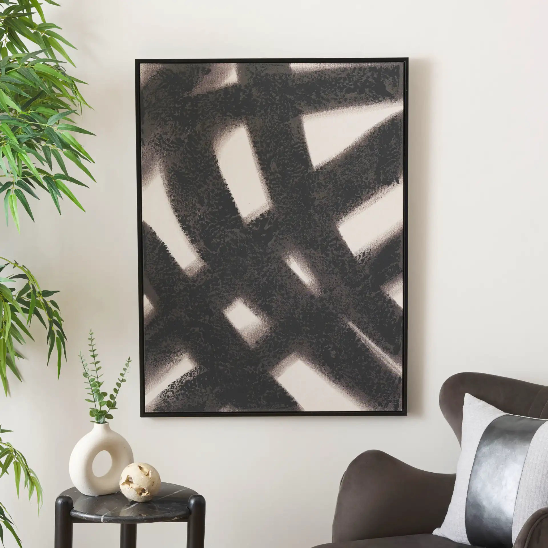 Modern Motion 30X40 Wall Art in Black / Cream in a styled room
