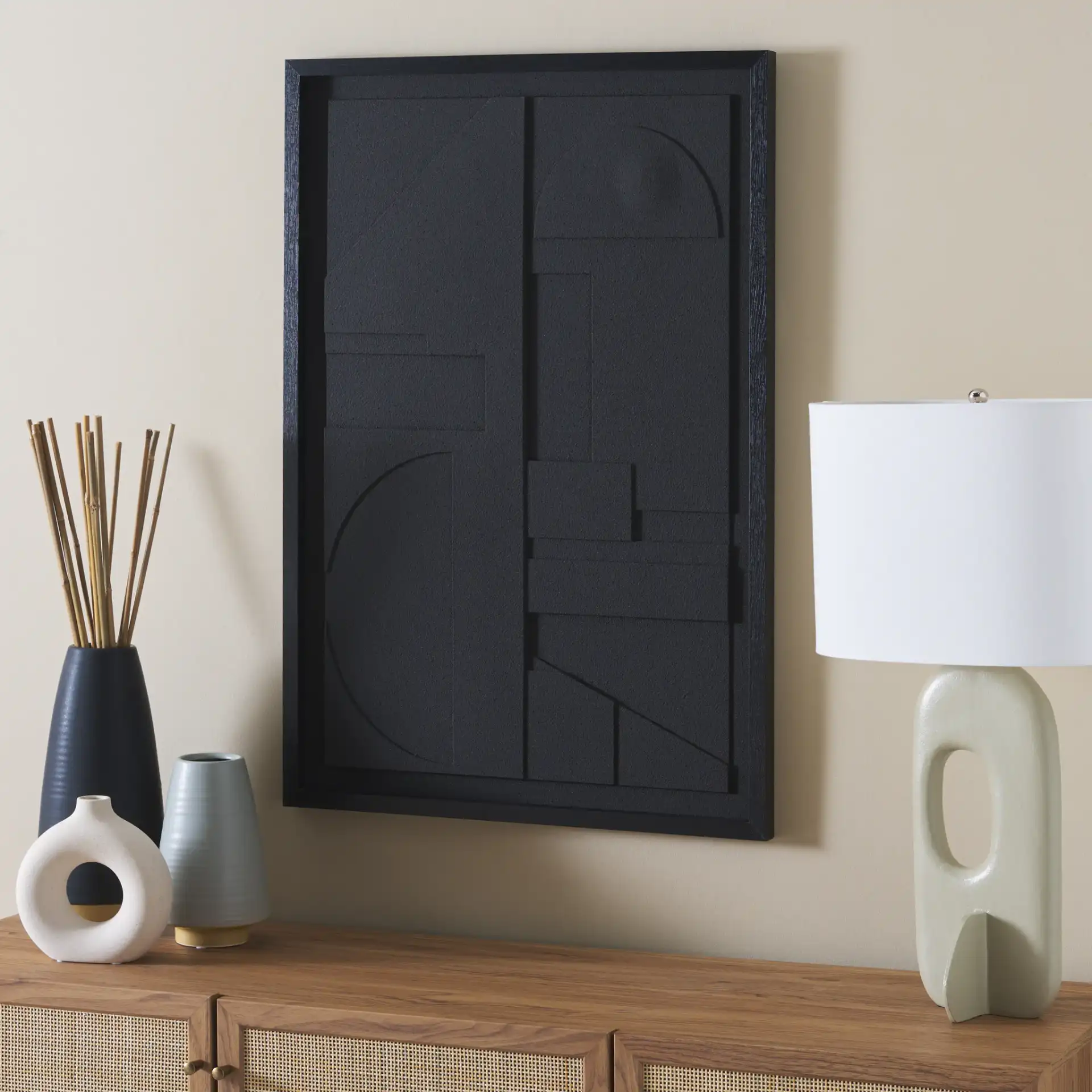 Power Outage Art in Black in a styled room